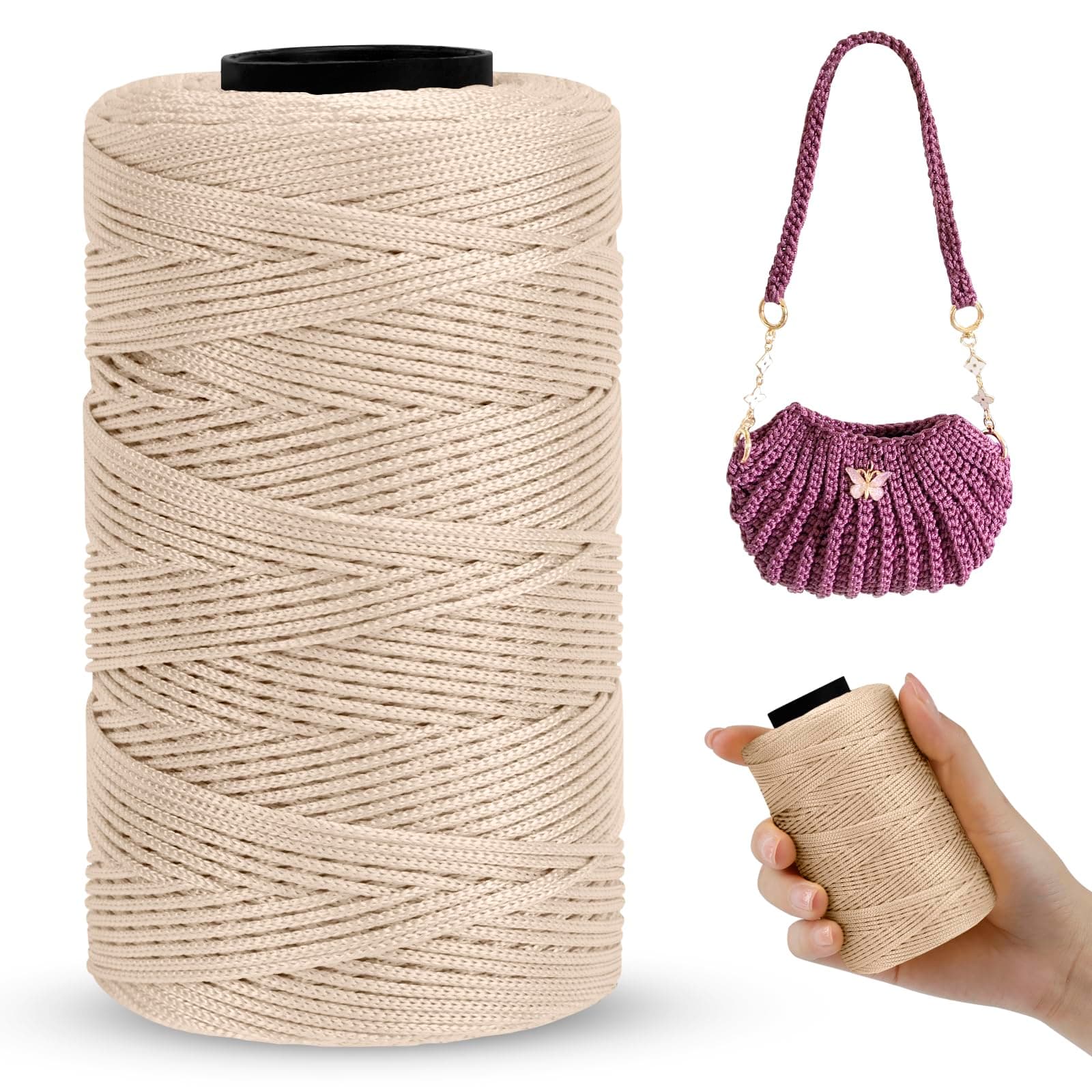 Polyester Macrame Cord 1mm x 230m, Polyester Yarn for Crocheting, Braided Polypropylene Crochet Bag Cord Macrame Yarn for Handbag, Beading, DIY Crafts (Khaki White)