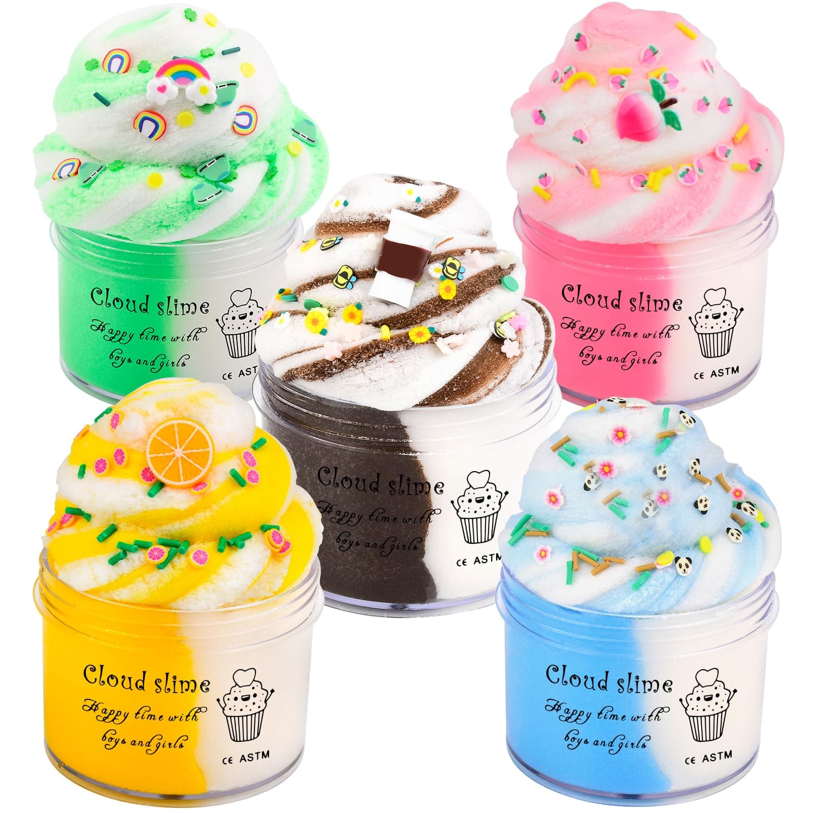 Cloud Slime Kit 5 Pack, with Peach Rainbow Lemon Coffee Slime Charms, Fluffy Slime for Girls and Boys, Stress Relief Toy for Kids Education, Party Favor, Gift and Birthday