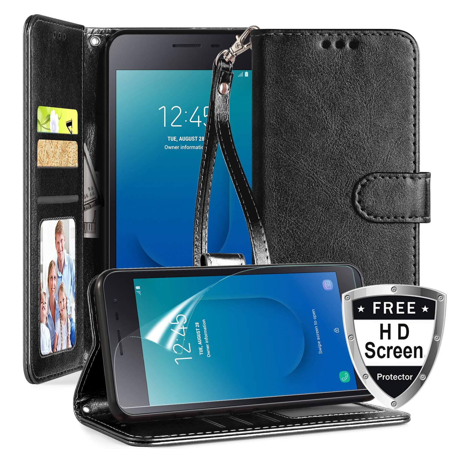 Samsung Galaxy J2 Core Case,Galaxy J2/Galaxy J2 Dash/Galaxy J2 Pure/J260/J2 Shine Phone Case w Screen Protector Kickstand Card Slots Wristlet Crazy Horse PU Leather Wallet Case,Black