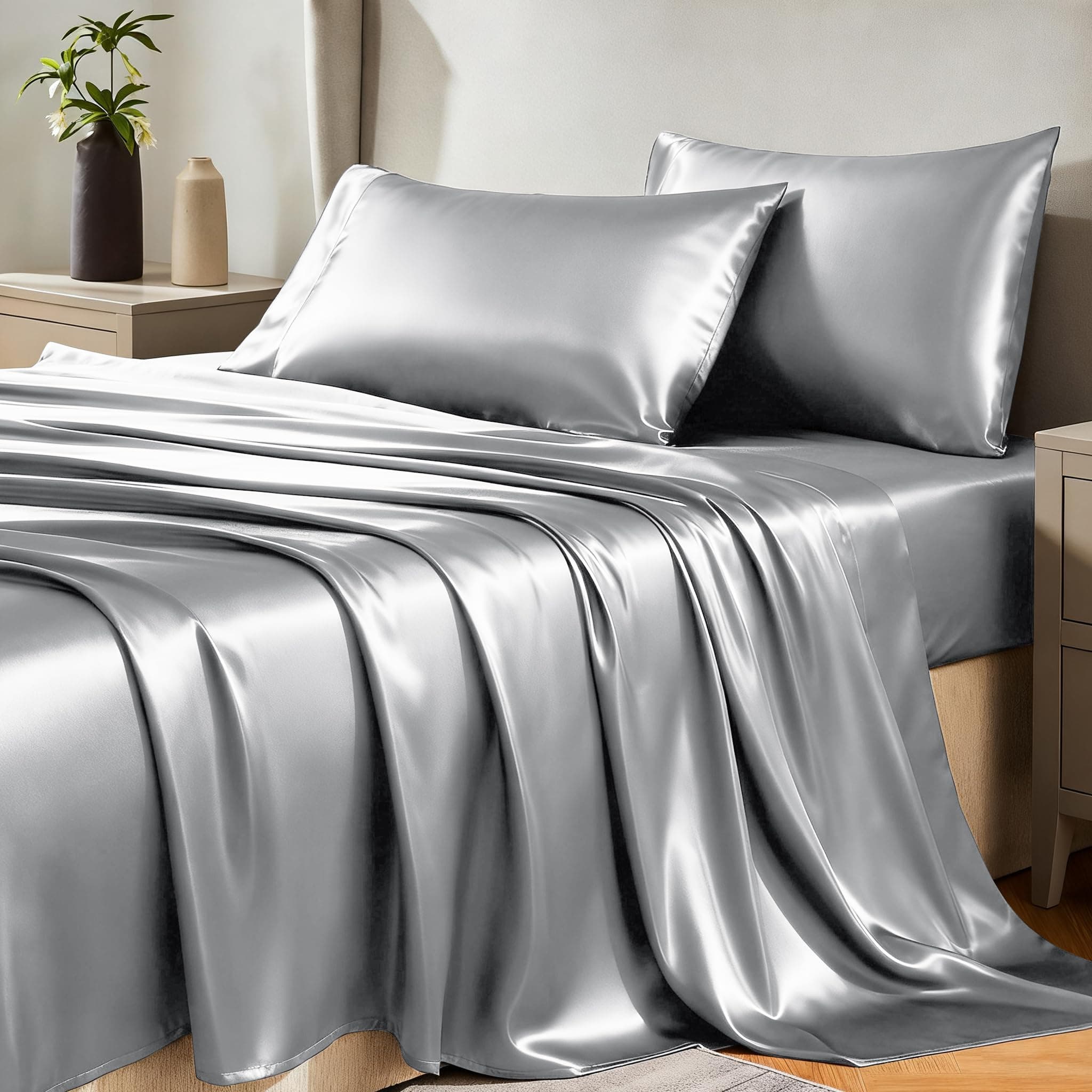 CozyLux Satin Sheets Queen Size - 4 Piece Light Grey Bed Sheet Set with Silky Microfiber, 1 Deep Pocket Fitted Sheet, 1 Flat Sheet, and 2 Pillowcases - Smooth and Soft