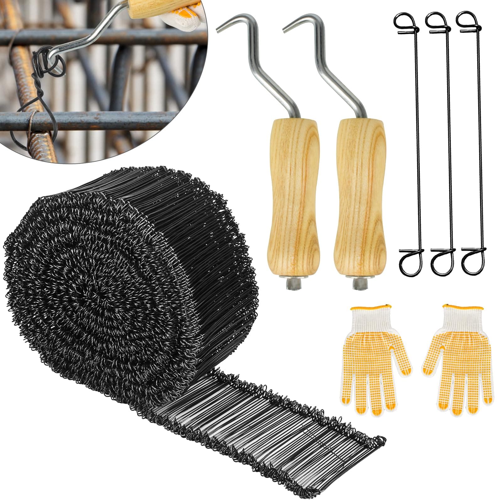 2000Pcs Wire Tie Rebar Wire Bar Ties 6" Double Loop Reinforcing Steel Bar Wire Bar Ties 16 Gauge Tie Wire 2Pcs Tie Wire Twister Tie Tool with Wooden Grip Handle for Securing Concrete Construction