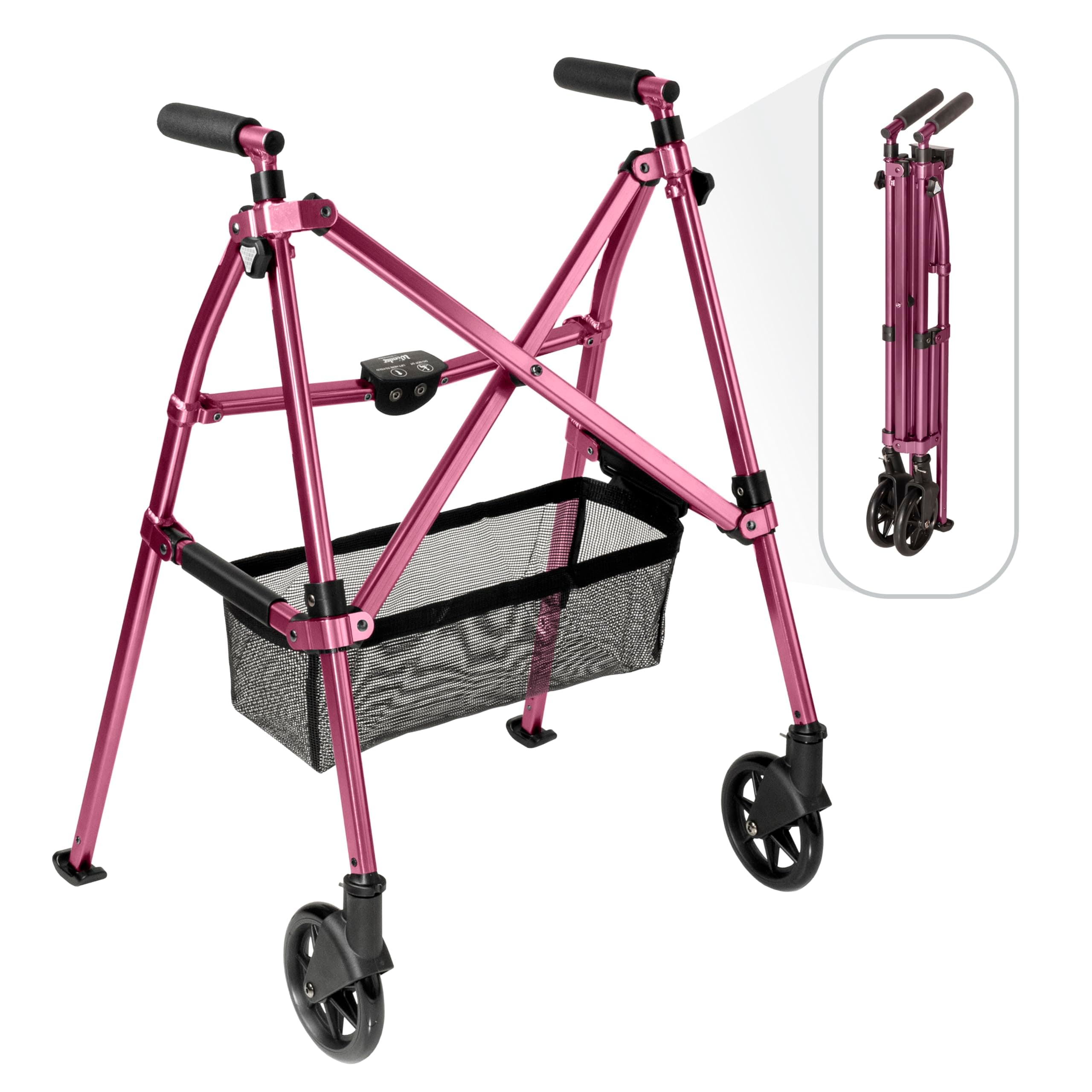 Stander Wonder Walker Plus, Lightweight Folding Mobility Aid for Adults, Seniors, and Elderly, Collapsible Travel EZ Fold-N-Go with Wheels, Glides, & Basket, Regal Rose