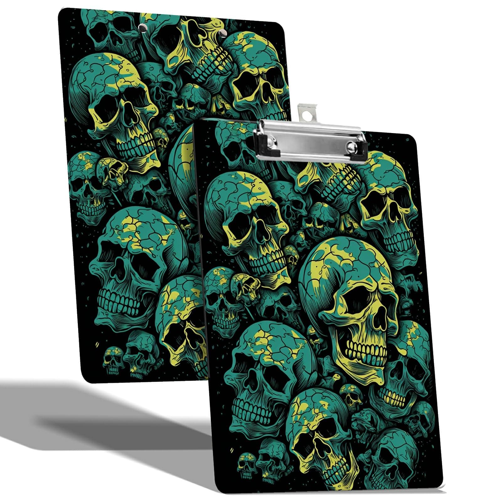 A4 Size Clipboard with Hanging Hook and Low Profile Clip, Plastic Nurse Clipboard Writing Drawing Board with Double-Side Art Skull Print for Woman Kids Office School Use