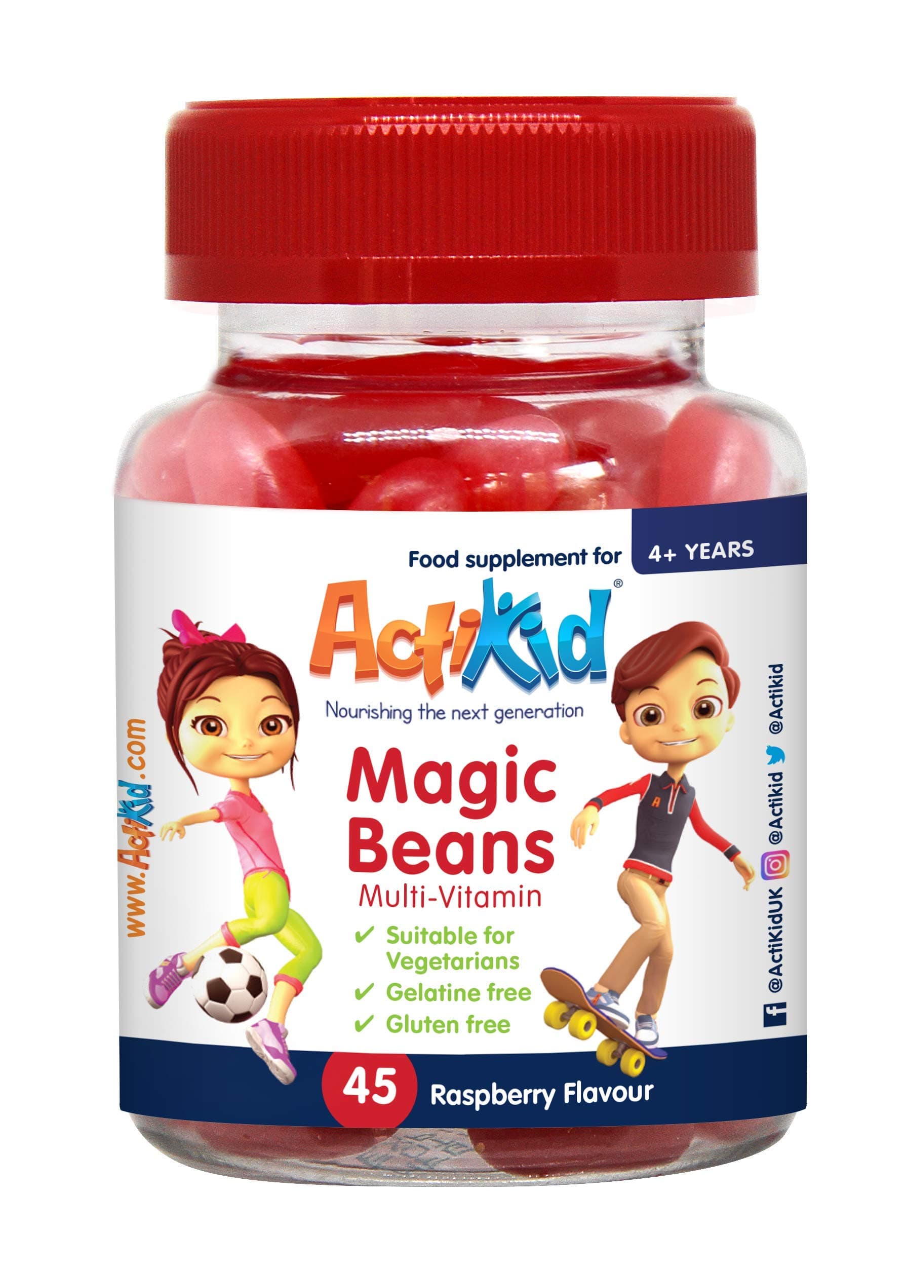 ActiKid Magic Beans Multi-Vitamin 45x Raspberry Flavour, Gelatin Free, Children's Vitamin, Immune System Booster