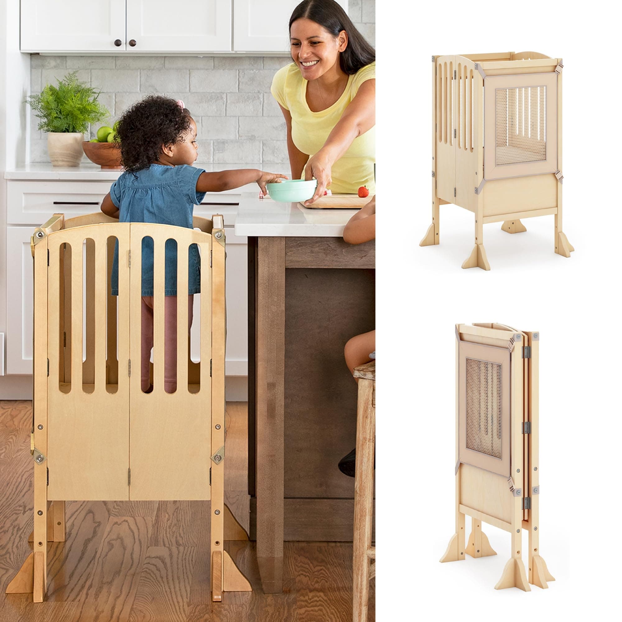 Kitchen Helper® Toddler Tower Step Stool - Contemporary - Natural: Folding Adjustable Height Montessori Wooden Learning Furniture with Keepers