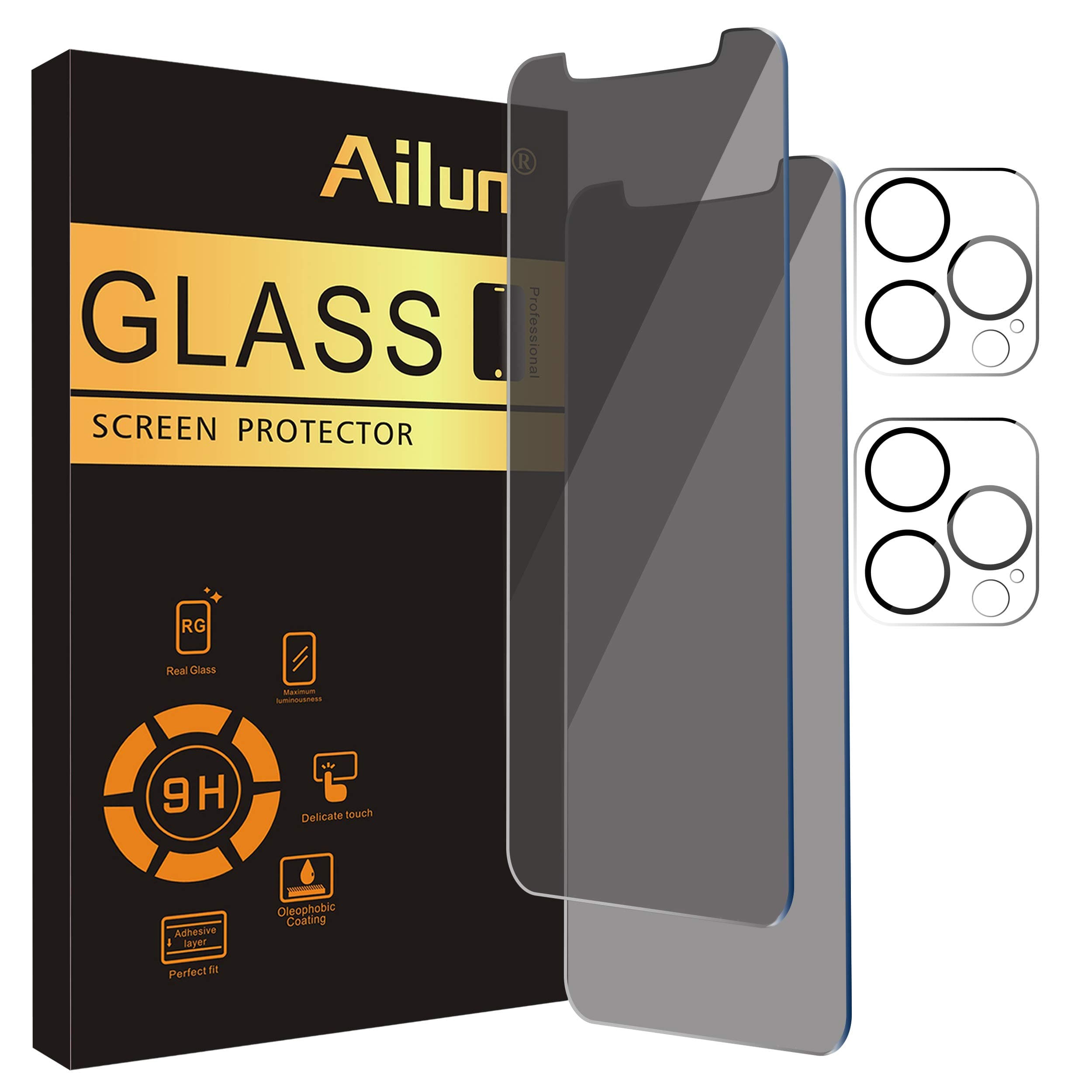 2 x Ailun Anti-Peep Screen Protector for iPhone 12 Pro [6.1 inch] + 2 Camera Lens Protectors Tempered Glass Film [Black] [9H Hardness] - HD
