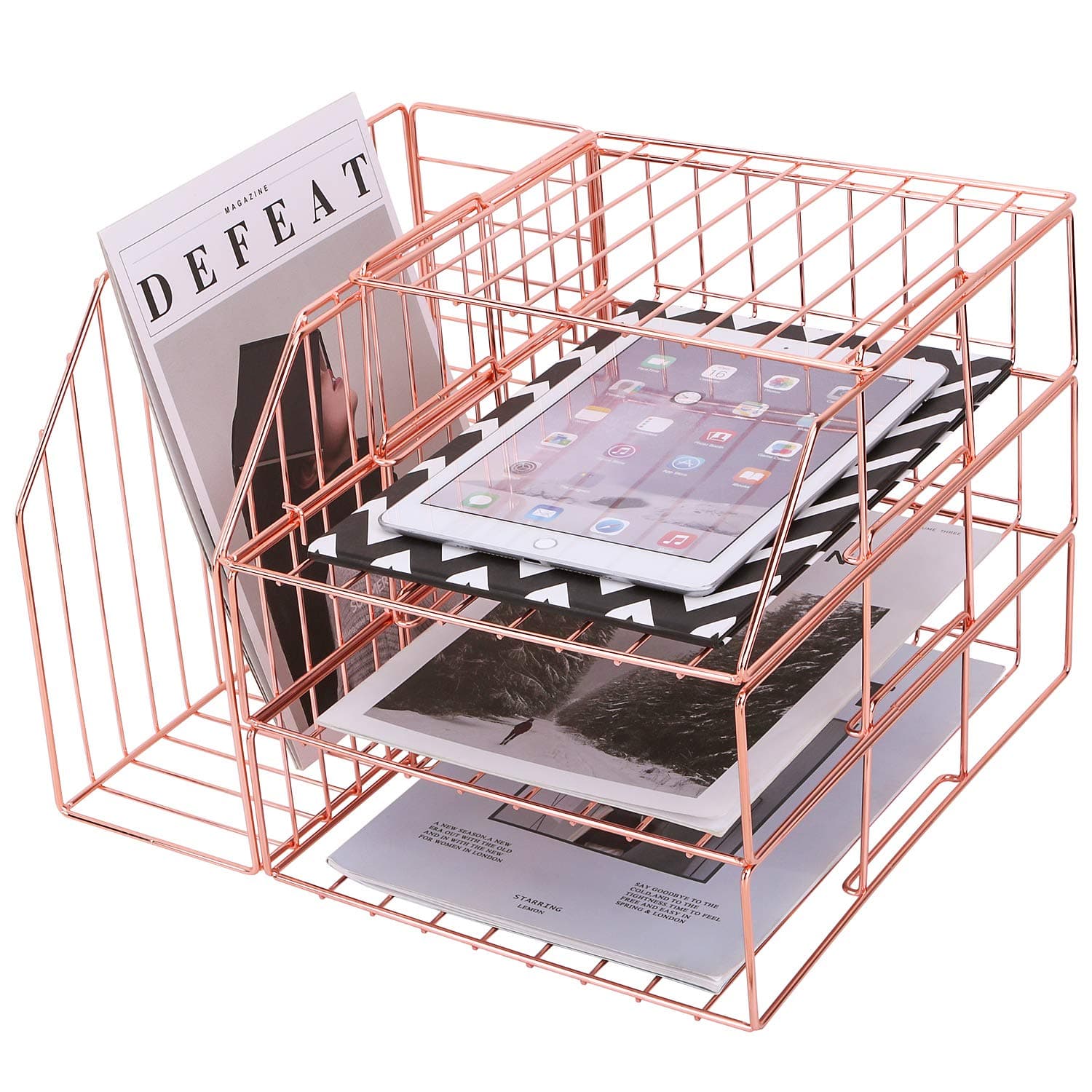 Stackable Paper Tray, Desk File Organizer Rack for Office Supplies and Accessories, 3-Tier Letter Tray Plus Display Shelf and Magazine Holder, Rose Gold