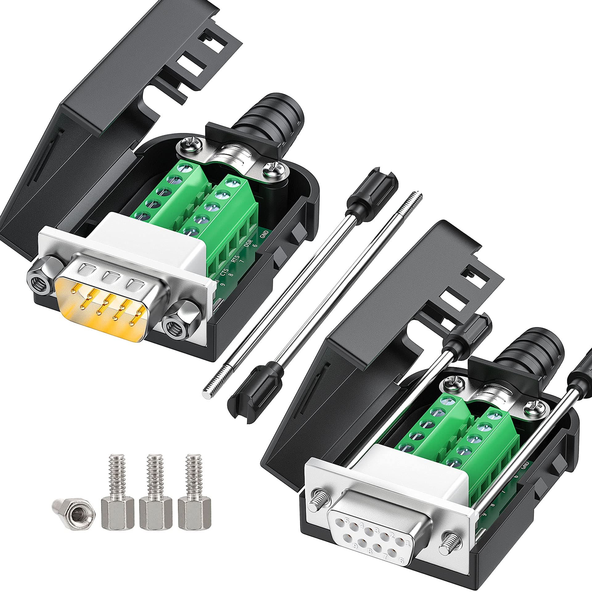 2Packs DB9 Serial Adapters No Soldering Needed. D-SUB 9-pin RS232 RS485 Adapter to Terminal Connector Signal Module with Bolts Nuts and Screwdriver (1PCS Male+1PCS Female)