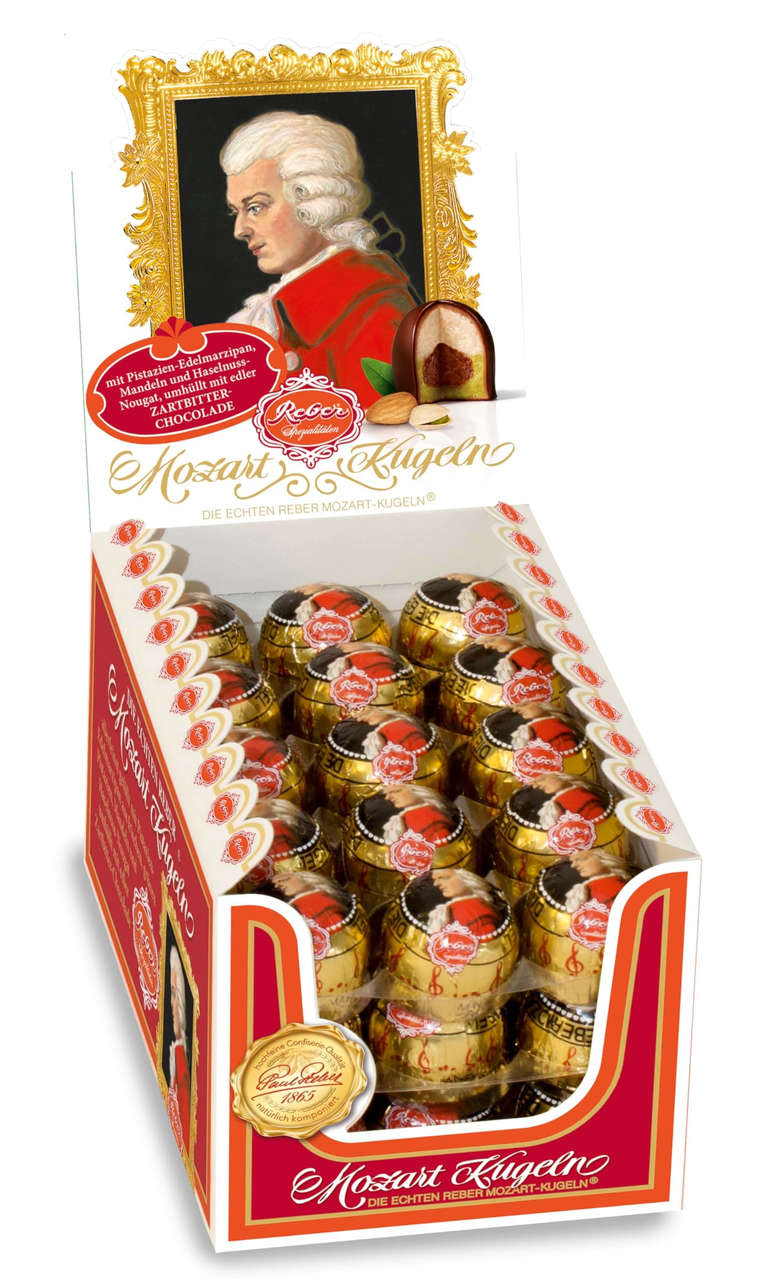 Reber Mozart Kugeln Chocolate Box - Gourmet Pistachio Marzipan Filled Chocolates with Hazelnut Nougat - Milk & Dark Chocolate Coating - Premium Kosher Candies Gift Display Box | 45 Pieces