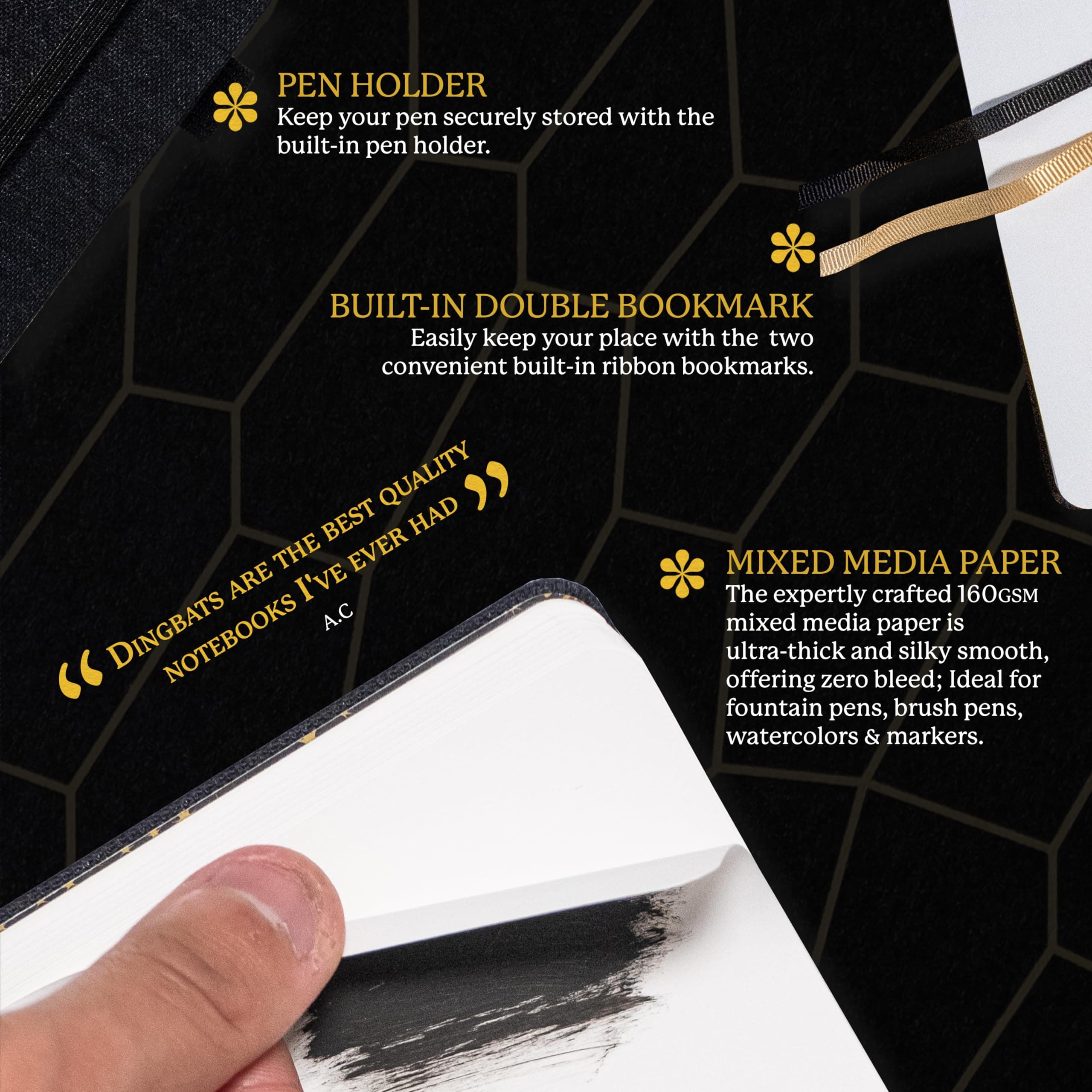 Dingbats* - Pro B5 Lined Large Notebook - Black Textile Cover, Thread-Bound Journal - For Work, Travel - Pocket, Elastic Closure, Pen Holder, Bookmark