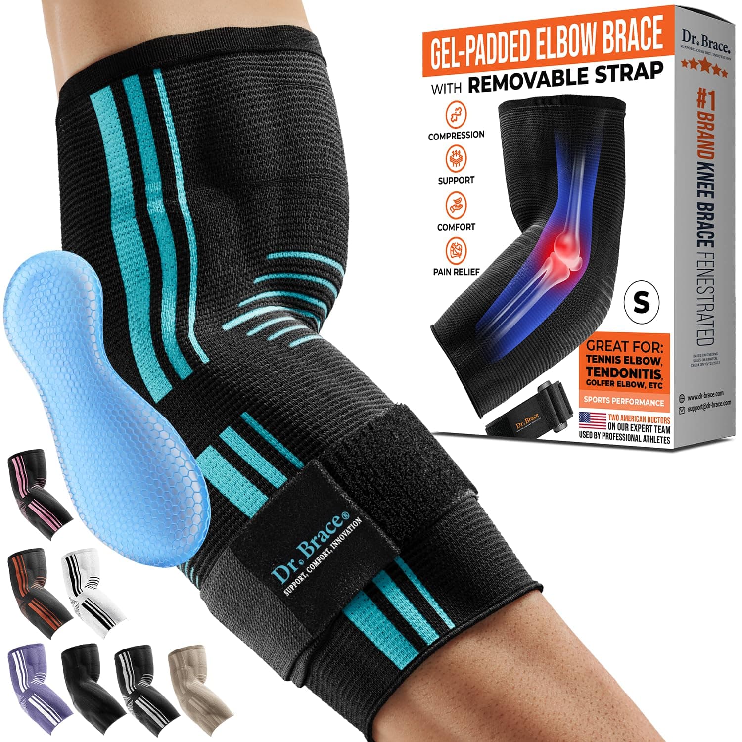 DR. BRACE® Elite Elbow Brace Support, Breathable Elbow Compression Sleeve with Gel Pad for Golfer's, Tennis Elbow & Tendonitis Treatment & Pain Relief 2024 (Black-Blue, Small)