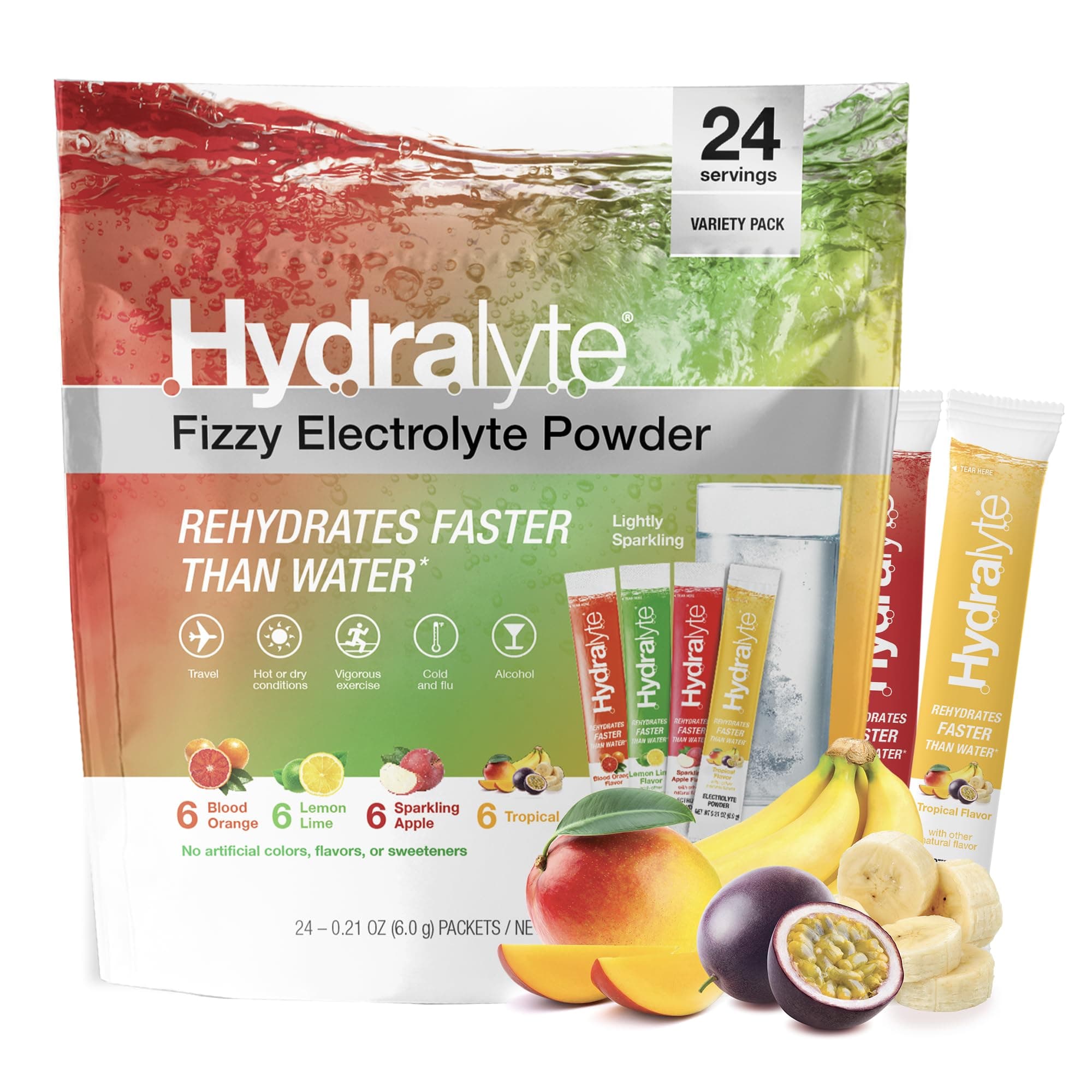 Hydralyte Low Sugar Rapid Rehydration - Lightly Sparkling Electrolyte Powder Packets, 8 oz Serve | Variety Hydration Packets | Hydration for Travel, Exercise and Bachelorette Parties (24 Count)