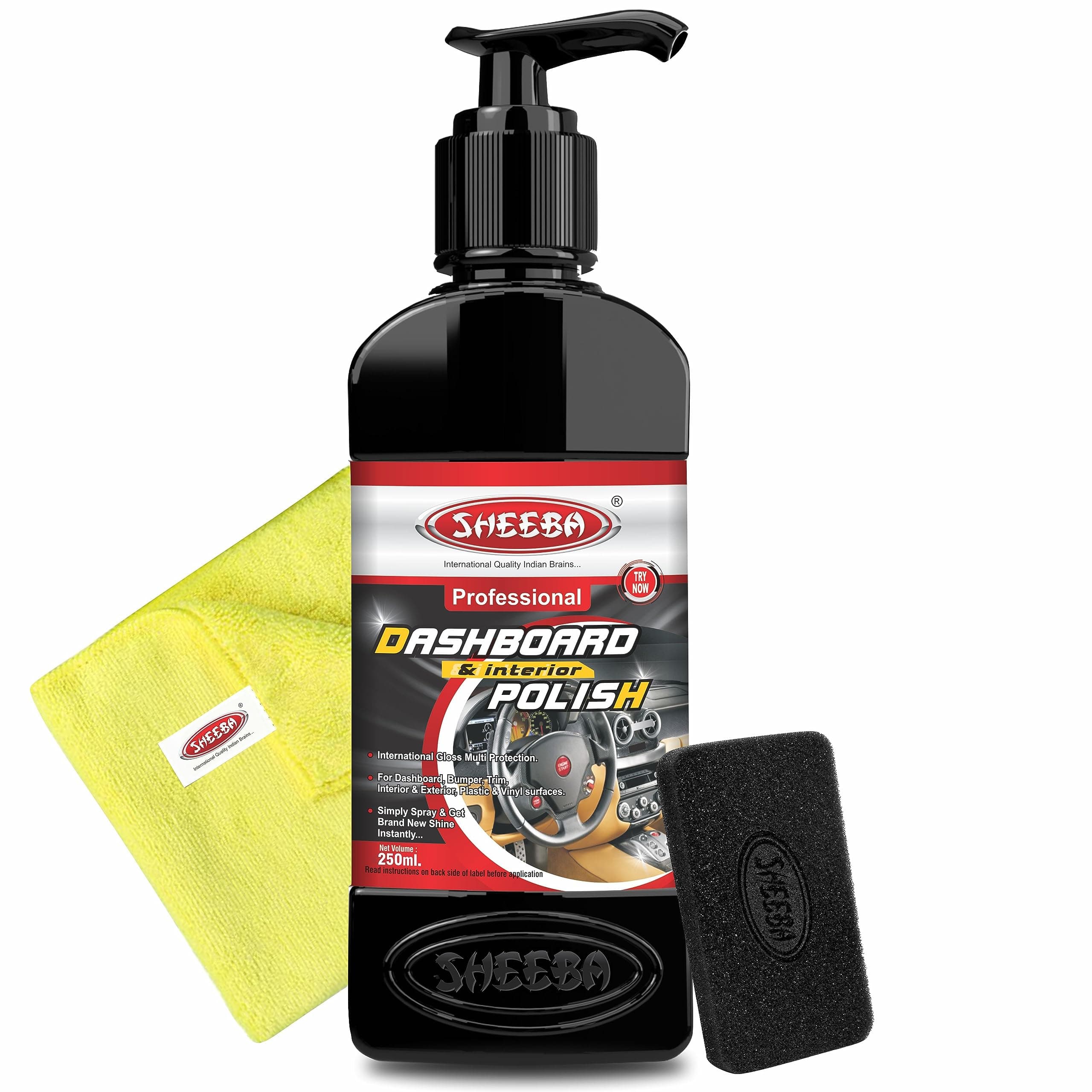 SHEEBA Dashboard & Interior Polish Protectant (250mL Pack) with Microfiber Detailing Towel & Applicator Foam Pads, Restores Original Look, Long Lasting, Prevents Ageing, Dullness, Non-Greasy.