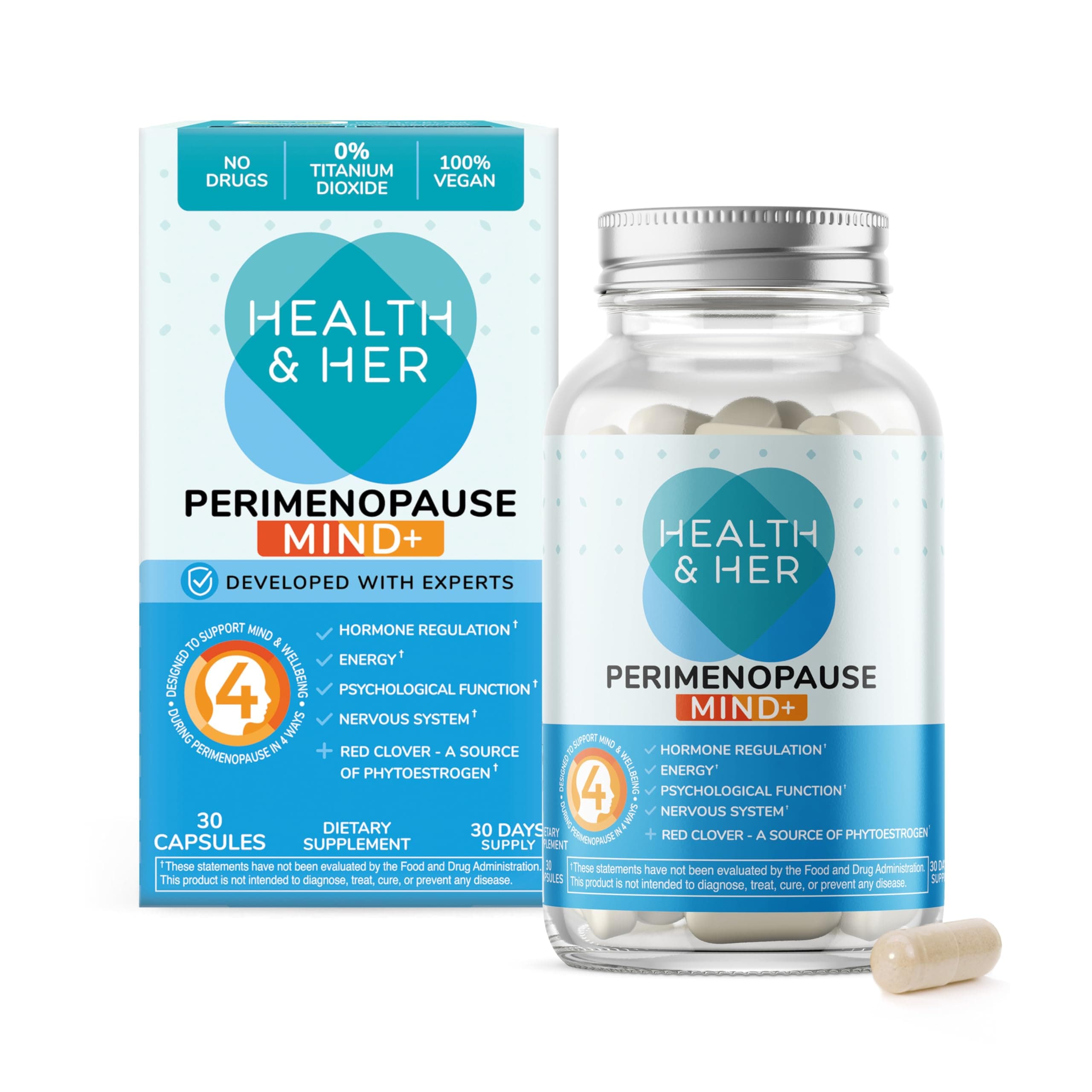 & Perimenopause Mind+ Supplements for Women - Support for Cognitive Function, Mental Energy & Wellbeing - Contains Red Clover - 1 Month Supply - 30 Perimenopause Supplements - Vegan