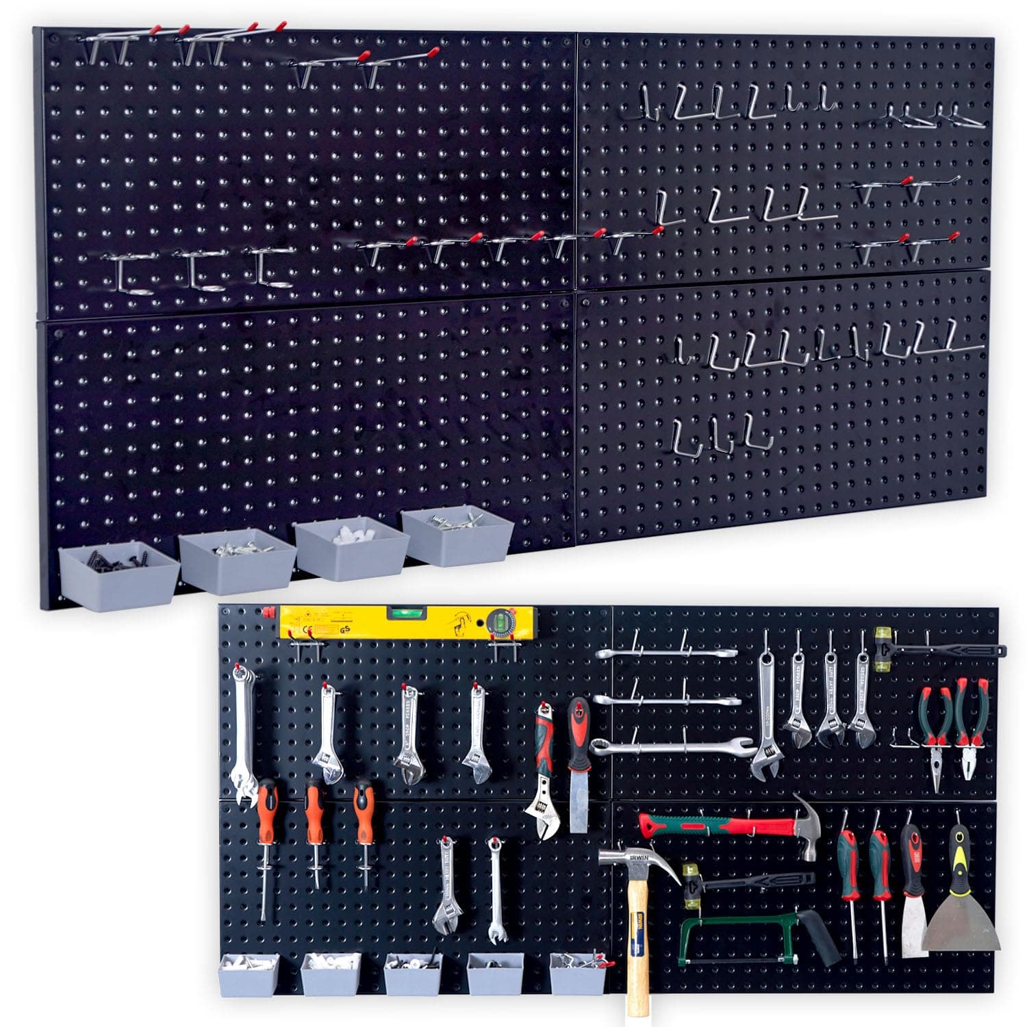 Wallmaster Pegboard Organizer Garage Storage - 48pcs Pegboard Hooks Set, Pegboard Tool Organizer with 48x24 Inch Steel Peg Board & 4 Storage Bins (Black)