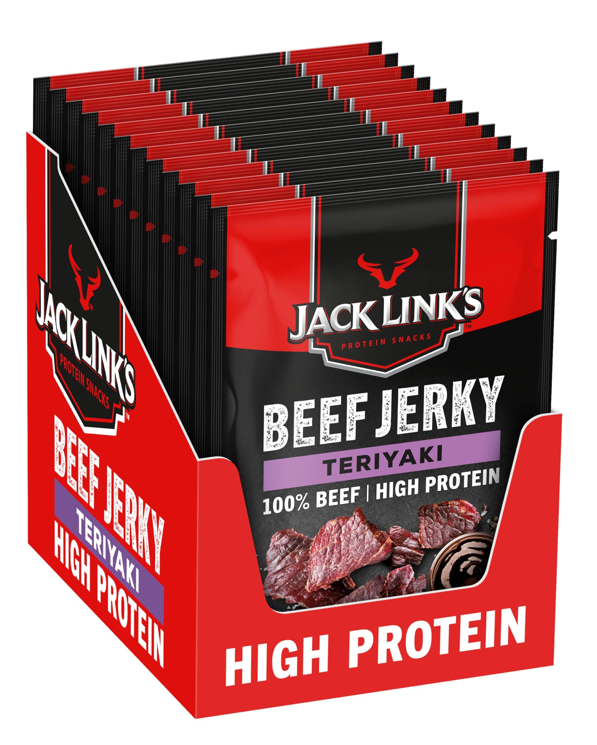 Jack Link’s Beef Jerky Teriyaki - 12-Pack (12 x 40 g) - Dried Meat Protein Snacks - High-Protein Snack for Gym, Fitness, Outdoor - American Food for People - Jerky Chips Made from Beef