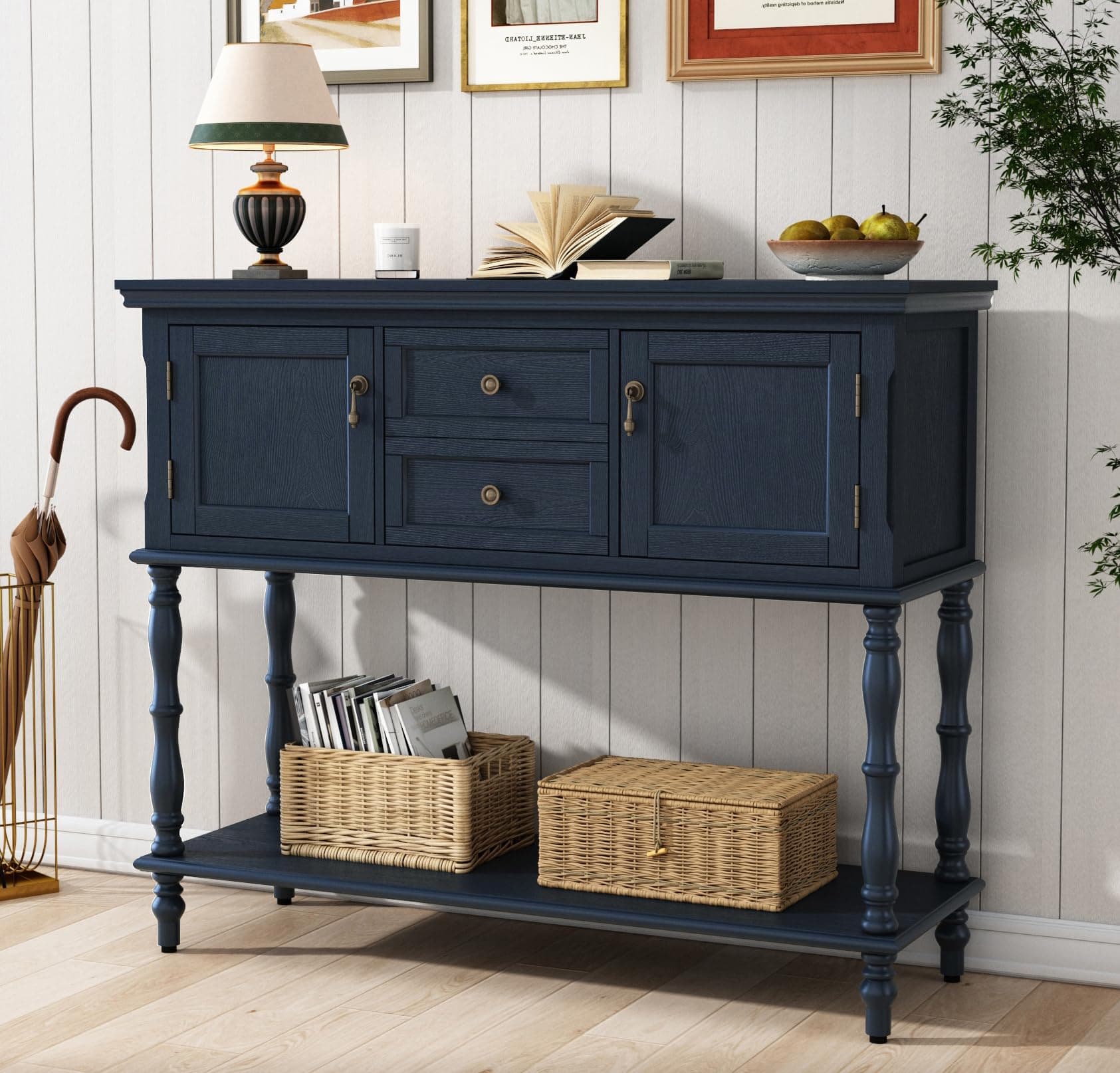 Console Table with 2 Drawers, Retro Entryway Table with 2 Door Cabinets and Open Storage Shelf, Narrow Long Behind Couch Sofa Table for Living Room, Foyer, Hallway, Blue