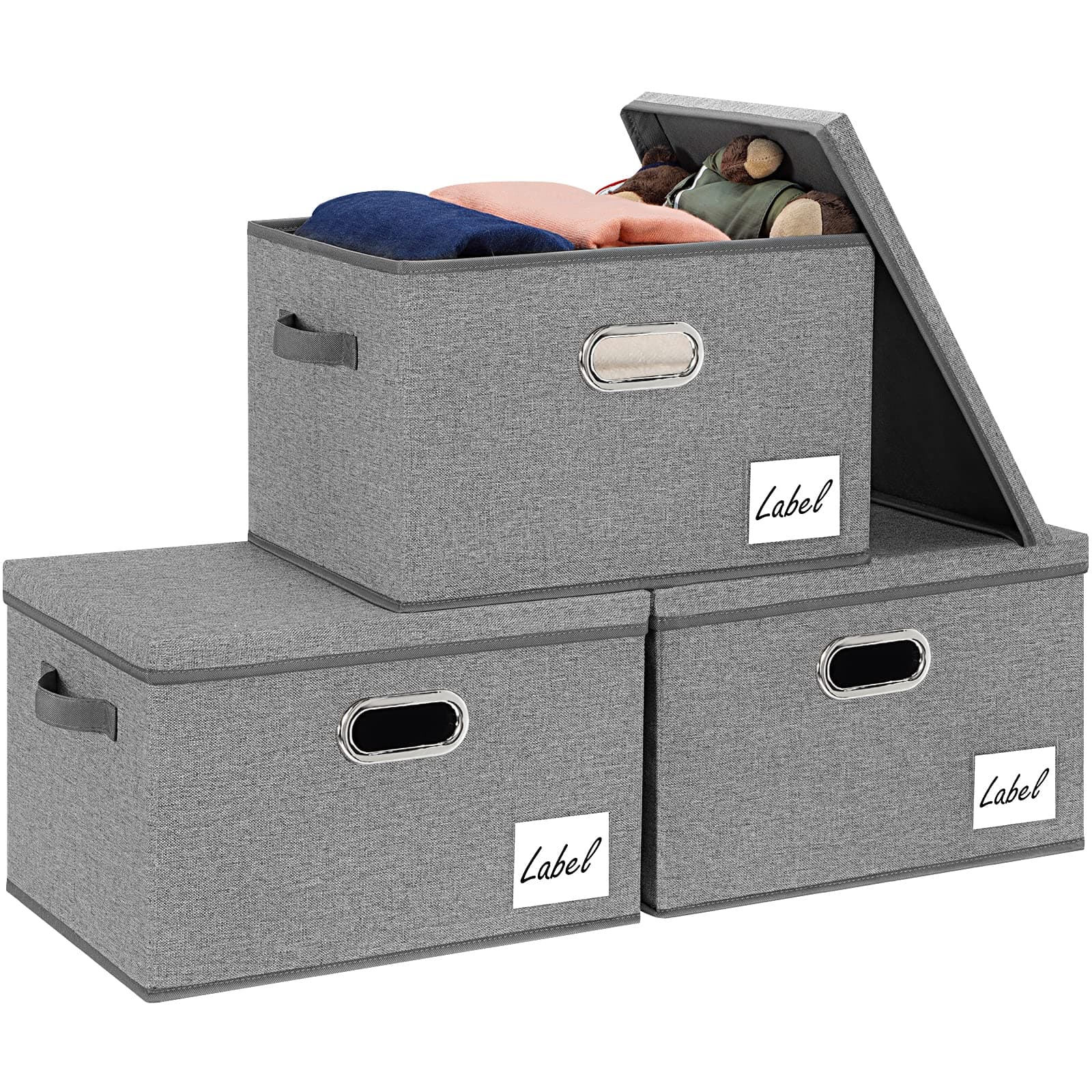 LHZK Large Foldable Storage Bins with Lids [3-Pack], Linen Fabric Foldable Storage Boxes for Closet Organization 15.75x11.8x10.2, Stackable Storage Containers Storage Baskets for Organizing (Grey)