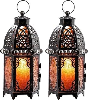 Hanging Moroccan Lantern, 12.8'' Vintage Candle Holder, Metal Lanterns Decorative Indoor Outdoor, Table, Patio, Porch, Shelf, Dark Academia Gothic Home Decor (Amber) 2 Set