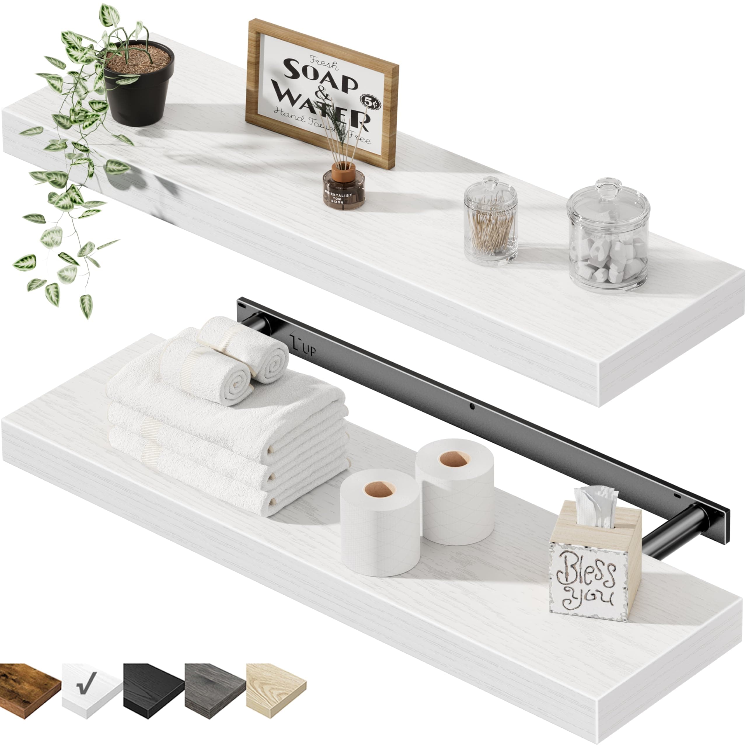 QEEIG Floating Shelves for Wall 23.6" Long - Wall Mounted Shelf Bathroom Kitchen Living Room Bedroom Farmhouse Home Decor Display Bookshelf Large 23.6 x 9.3 inch Set of 2, White (008-60W)