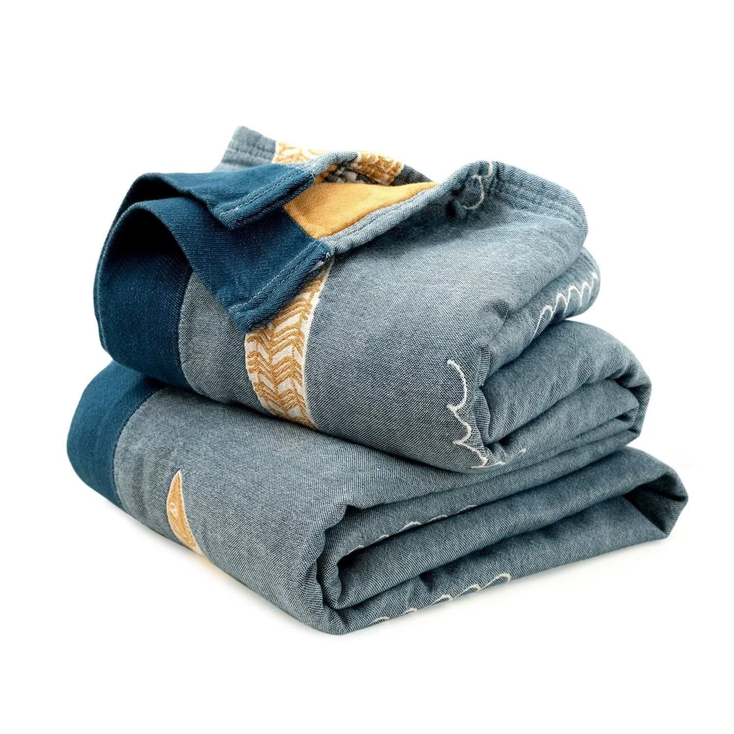 Boho Throw Blanket for Bed 100% Cotton Ultra Soft Rustic Quilt Fall Blanket Fish Printed Farmhouse Decor Bed Blankets,80"×90" All Season Rustic Throw for Sofa Couch Chair