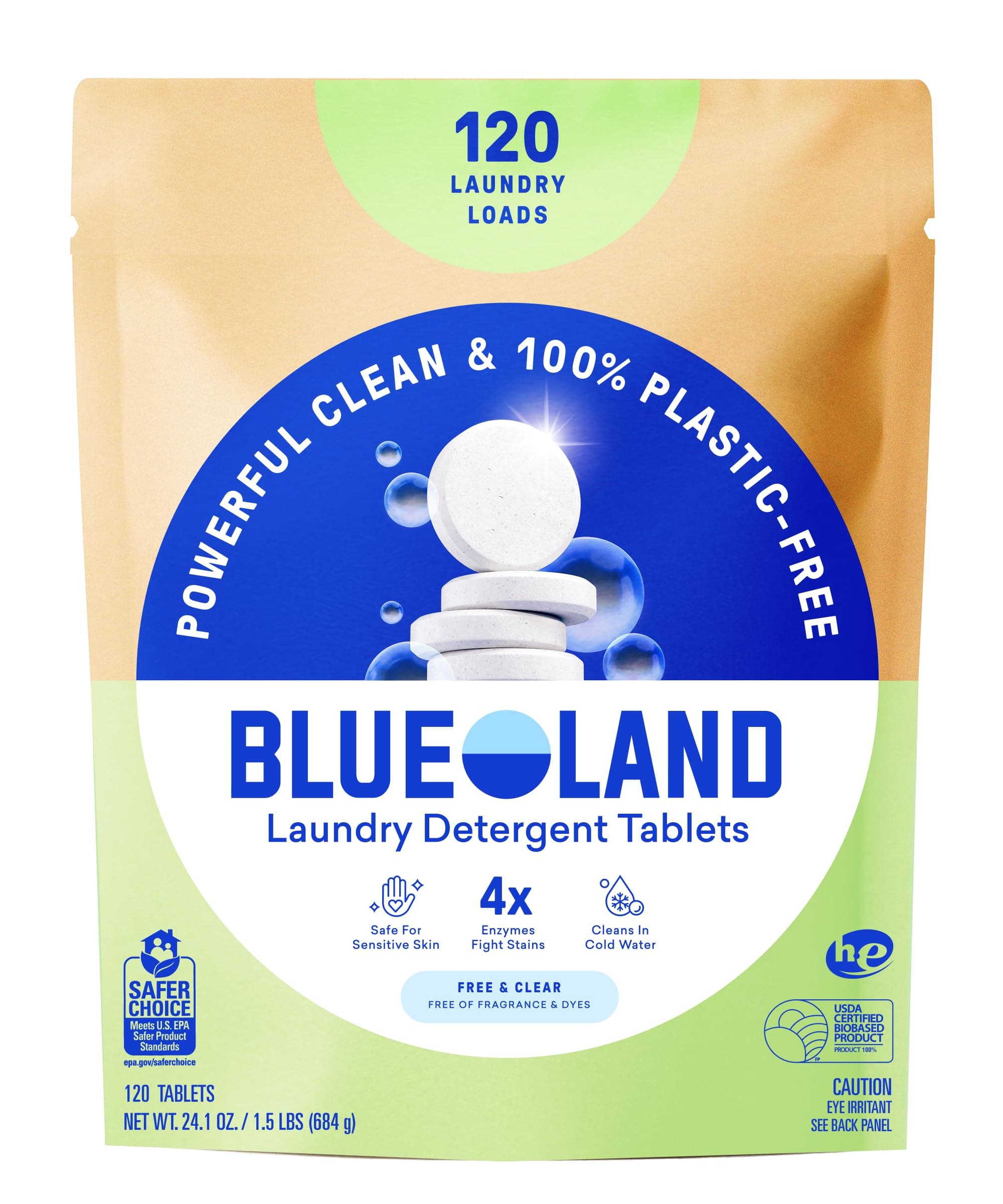 - BLUELAND Laundry Detergent Tablets, 120 Count, Plastic-Free Eco-Friendly Pods, Sheets, Liquid Alternative - Fragrance Free and Clear, Natural, Gentle