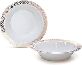 " OCCASIONS " 120 Pieces Plates Pack, Heavyweight Disposable Wedding Party Plastic Bowls (14oz Soup Bowl, Celebration in White & Gold)