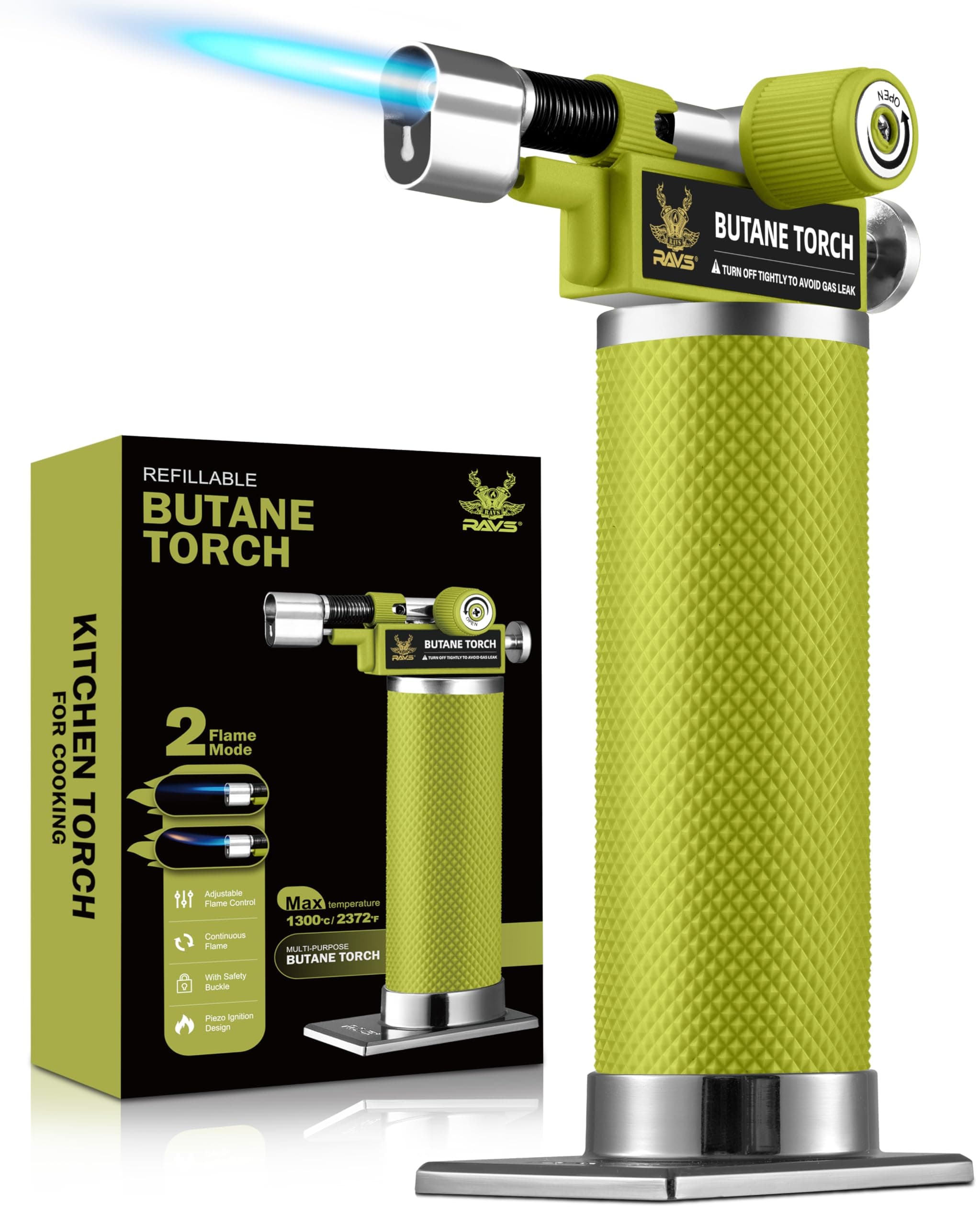 DUAL Flame Mode Butane Torch Lighter, Refillable Kitchen Torch, Metal Body Creme Brulee Torch for Baking, Cooking, Resin Art with Adjustable Flame, Green Soldering Torch, Butane Gas Not Included