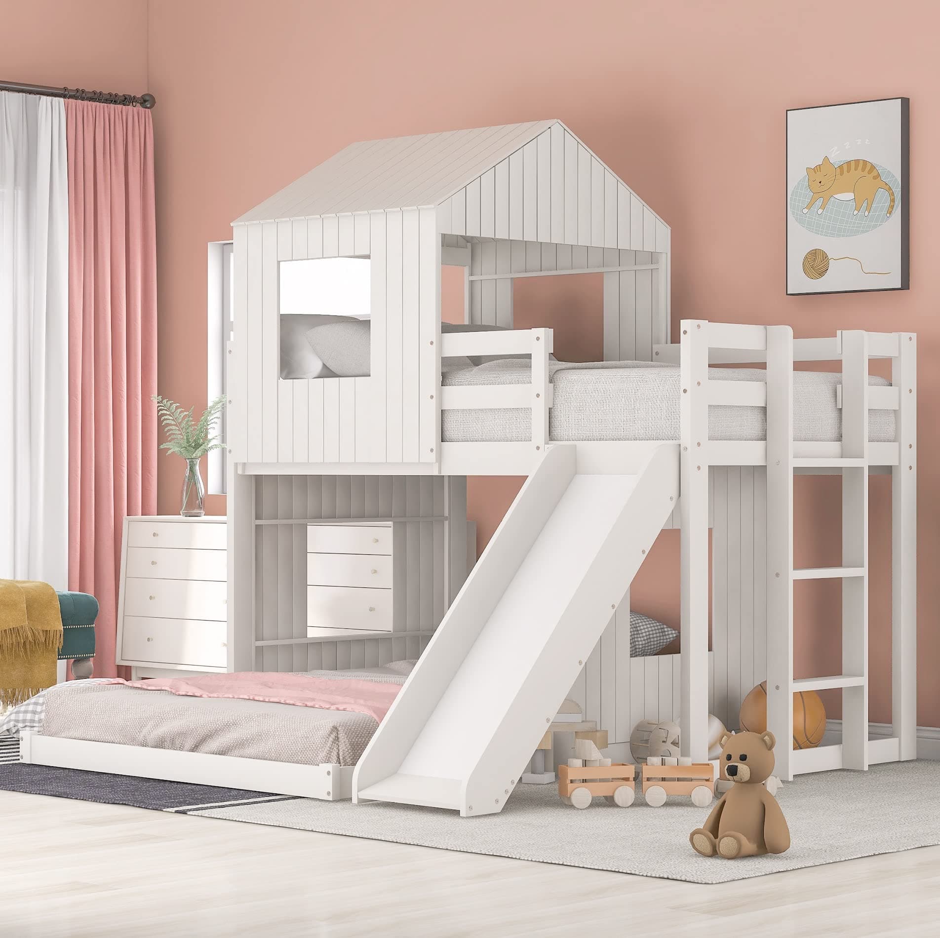 Merax House Bunk Beds No Box Spring Needed with Slide, Ladder and Safety Guardrail for Teens, Girl or Boys Loft, Twin Over Full w/Slide, White