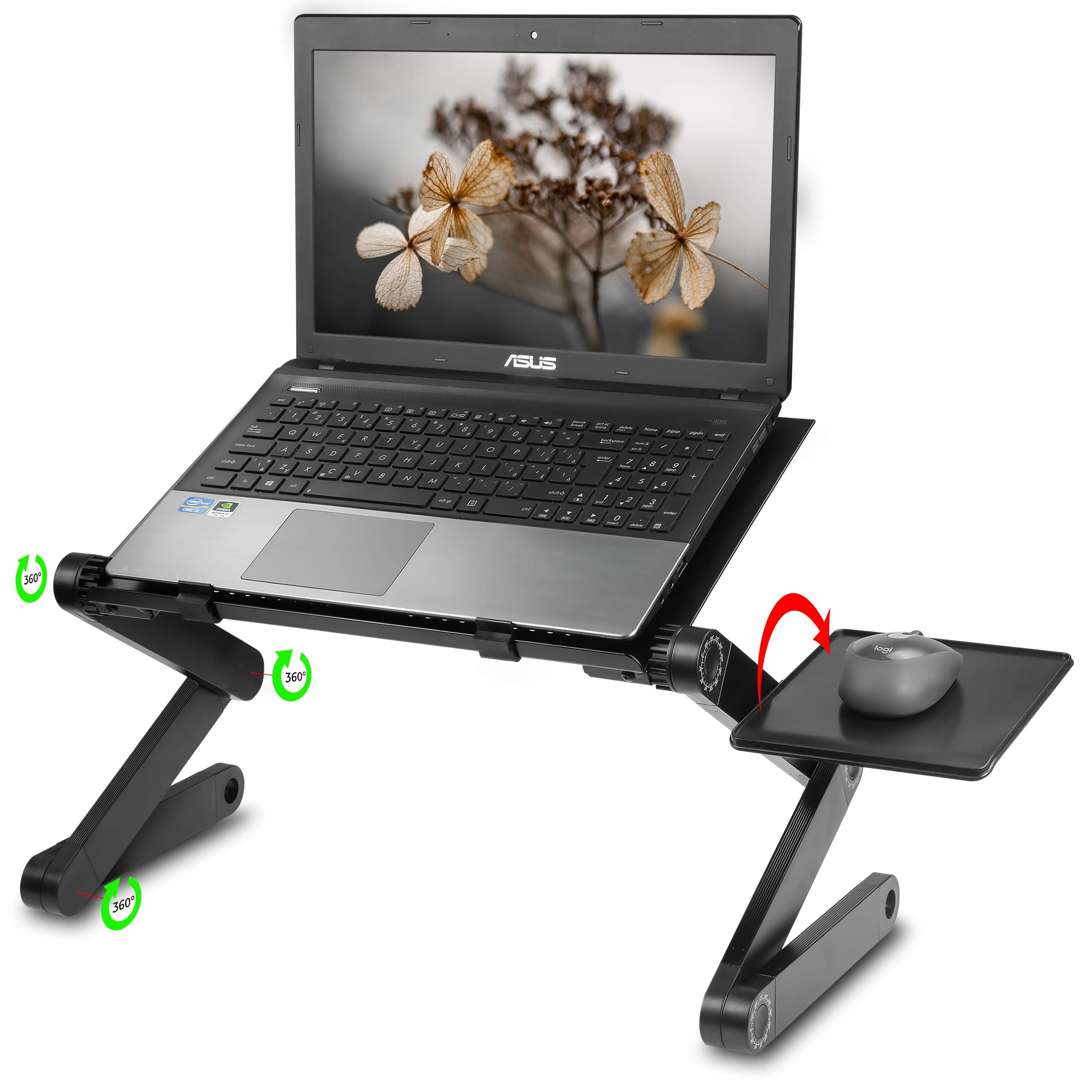 Folding Laptop Stand Standing Desk Converter Laptop Bed Table Riser Tray Holder for Couch Sofa Lapdesk Laptray Height Adjustable Portable with Legs Mouse Pad Black