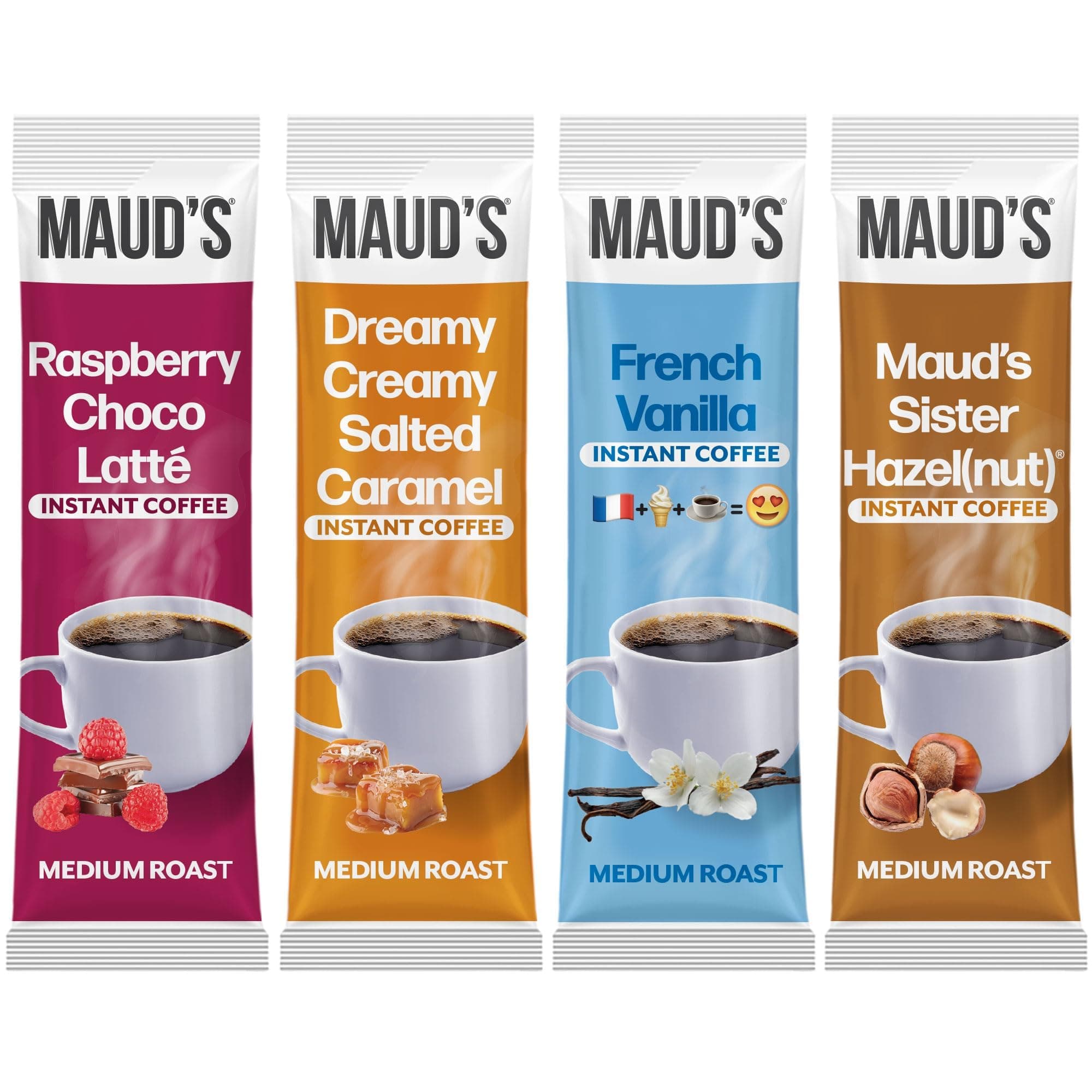 Maud's Flavored Instant Coffee Variety Pack, 24 ct, Caramel, Hazelnut, Raspberry, Vanilla, 100% Arabica Coffee, Medium Roast, Instant Hot or Iced Coffee - Just add water