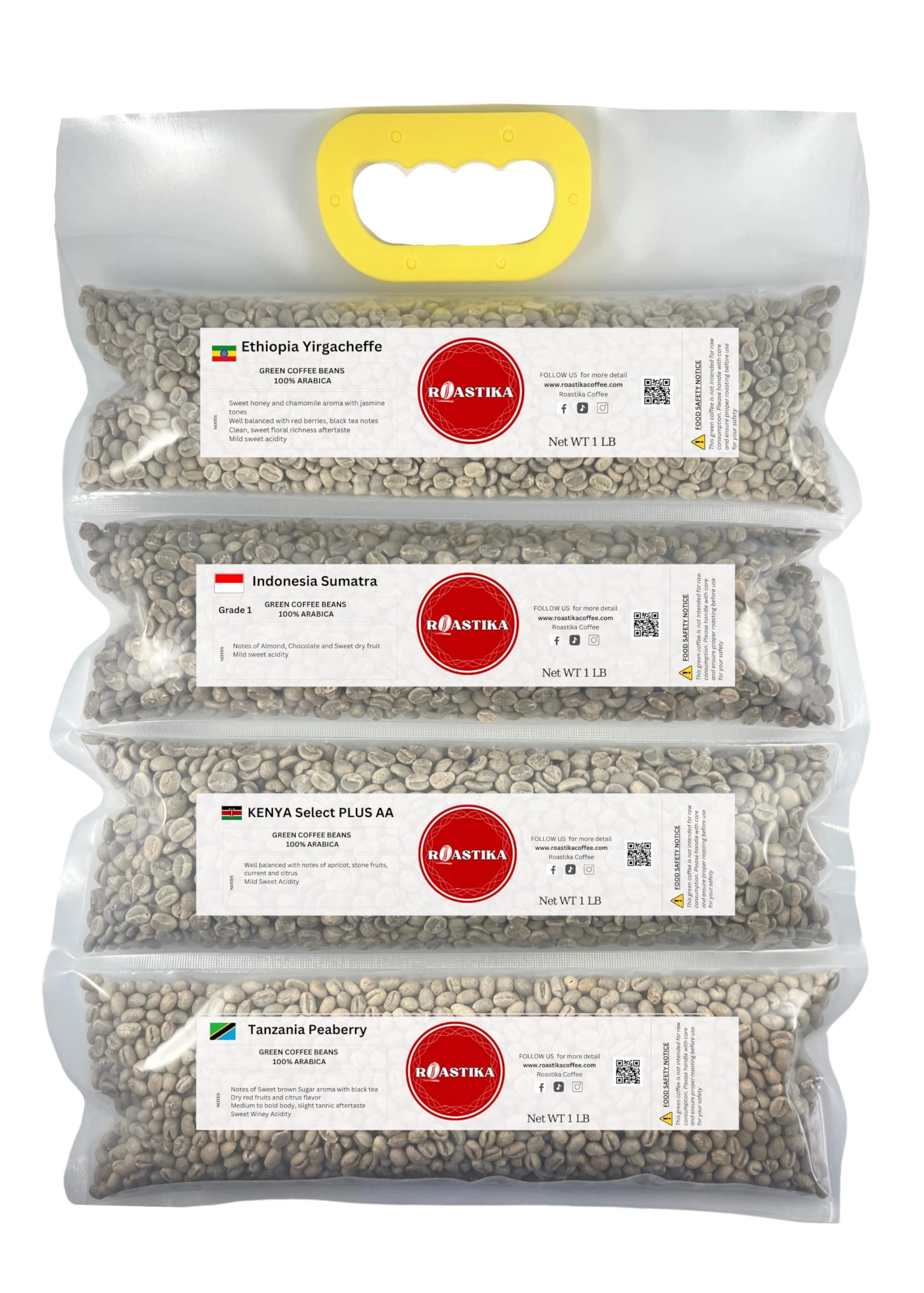 Roastika - Unroasted Coffee Bean - 4lb (pack of 4) - Sampler Pack - FANCY BUNDLE (ETHIOPIA YIRGACHEFFE/INDONESIA SUMATRA/KENYA PLUS AA/TANZANIA PEABERRY KILIMANJARO) Green Coffee Bean