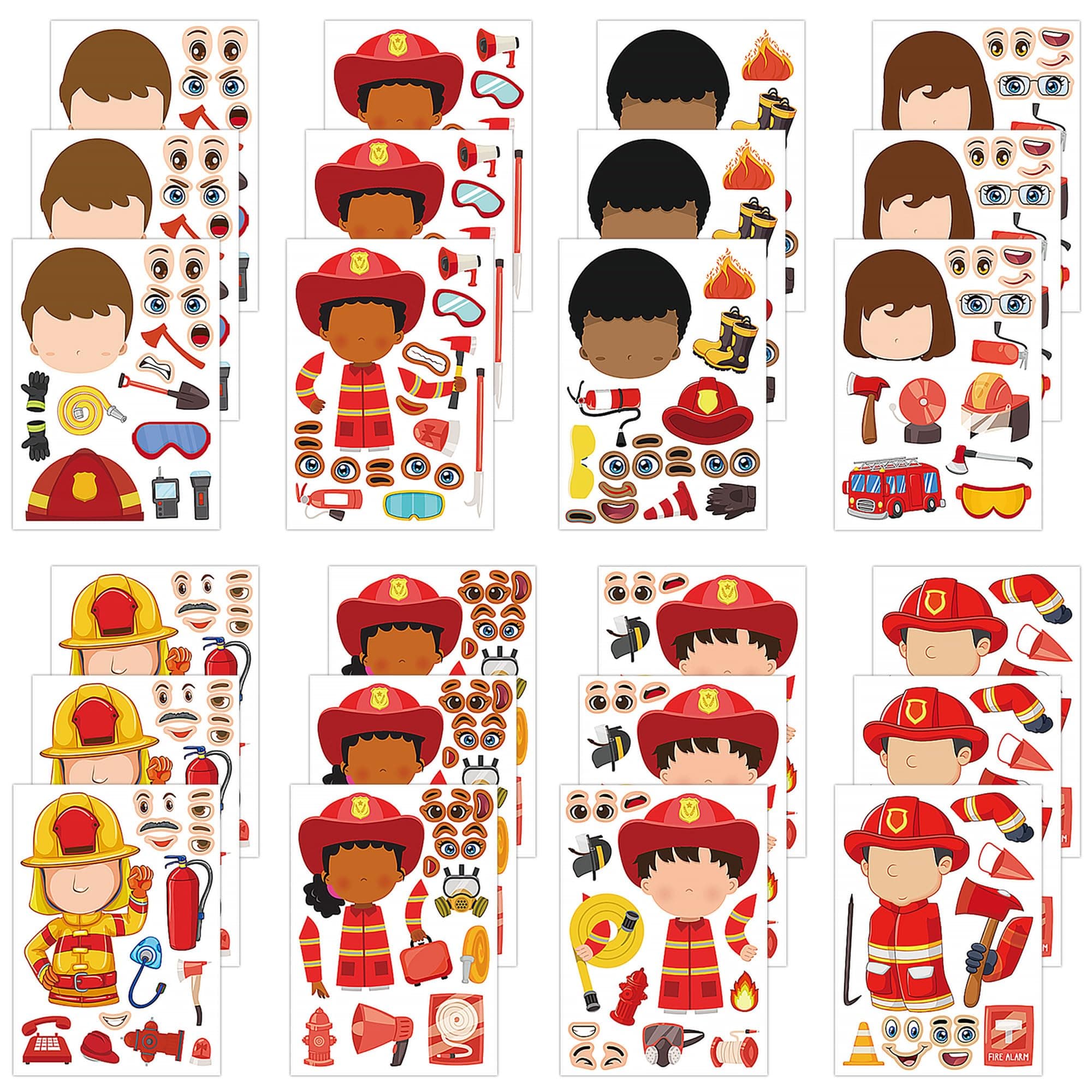 Make-a-face Sticker Set, Make A Fireman Stickers for Kids Boys, DIY Craft Stickers Face Stickers Decor, Make Your Own Fireman Sticker for Birthday Party Supplies Gifts, 8 Designs 24 Sheets