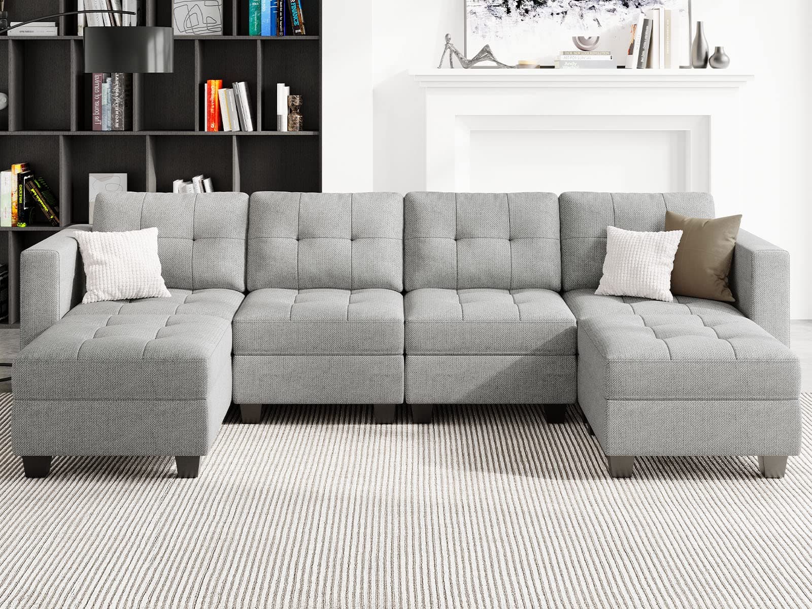 Belffin Reversible Storage Modular U-Shape Sectional Sofa Couch with Double Chaises Modular Sectional Sofa Set with Ottomans Fabric Light Grey