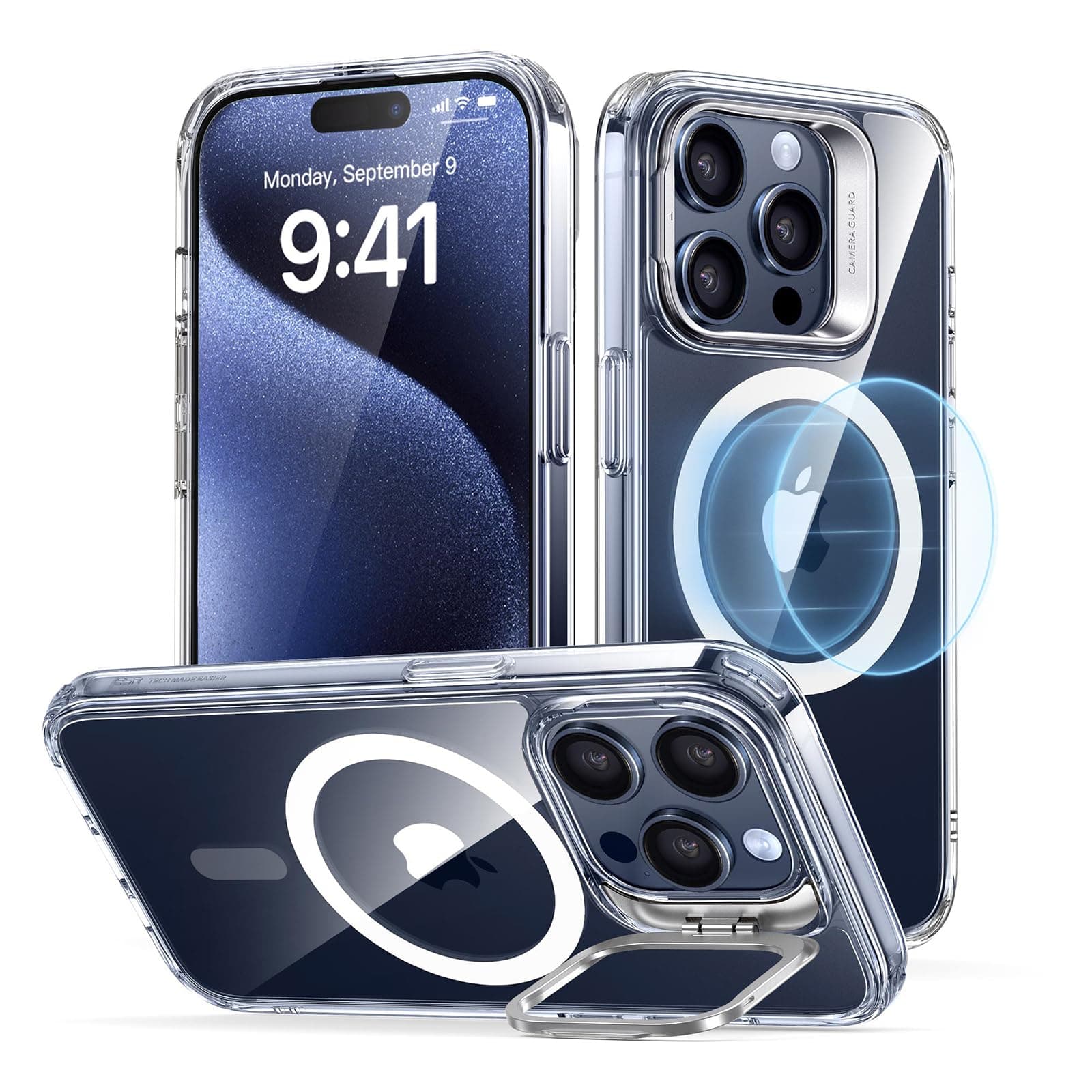 for iPhone 15 Pro Case Cover, Compatible with MagSafe, Built-in Stash Stand Phone Case, Military-Grade Protective Case, Scratch-Resistant Back Cover, Classic Series, Clear