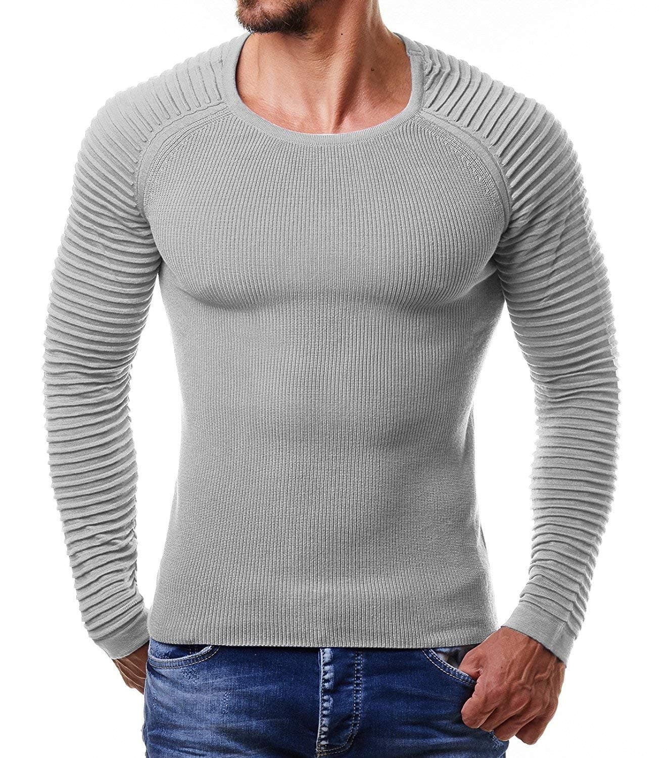 COOFANDYMen's Cable Knit Sweater Crew Neck Long Sleeve Stripe Pullover