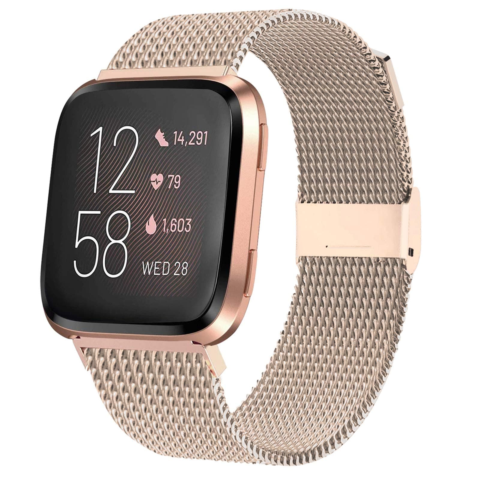 JuQBanke Bands Compatible for Fitbit Versa/Versa Lite Edition/Versa 2 Smart Watch for Women and Men,Metal Stainless Steel Replacement Wristbands for Fitbit Versa Smart Watch.Small,Light Gold
