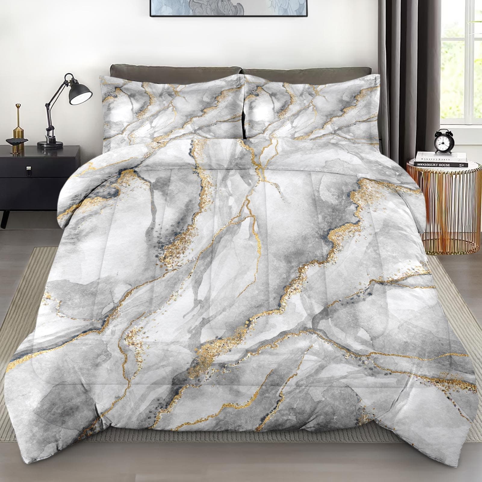 Comforter Set Queen Size, Marble Black Gold Stone Soft 3 Pcs Bedding for Kids and Adults, Gray Vintage Retro Comforter Set with Pillowcase, for Bedroom Bed Decor