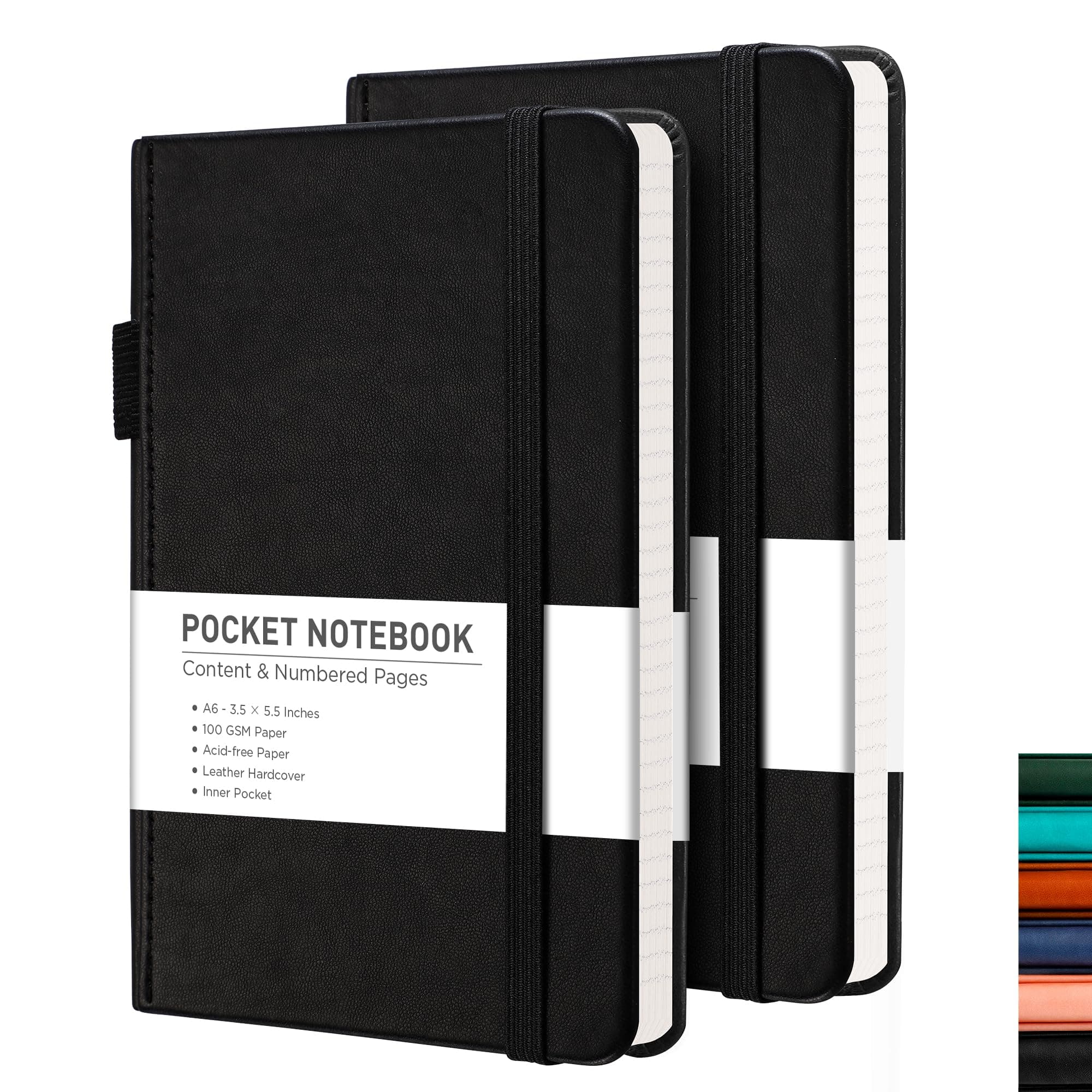 RETTACY Small Notebook 2-Pack - A6 Leather Hardcover Pocket Notebook with 160 Pages per Pack, College Ruled Notebook, 100 GSM Premium Acid-Free Paper, Back Pocket, 3.5" × 5.5" (Black & Black)