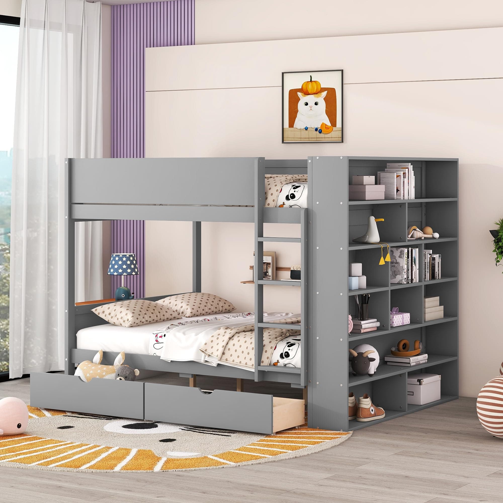 Modern Bunk Bed Full Over Full Size with Large Storage Shelves, Solid Wood Bunk Bed Frame with 2 Drawers and Safety Guardrail for Kids Teens Adults, Maximized Space (Grey-MLC)