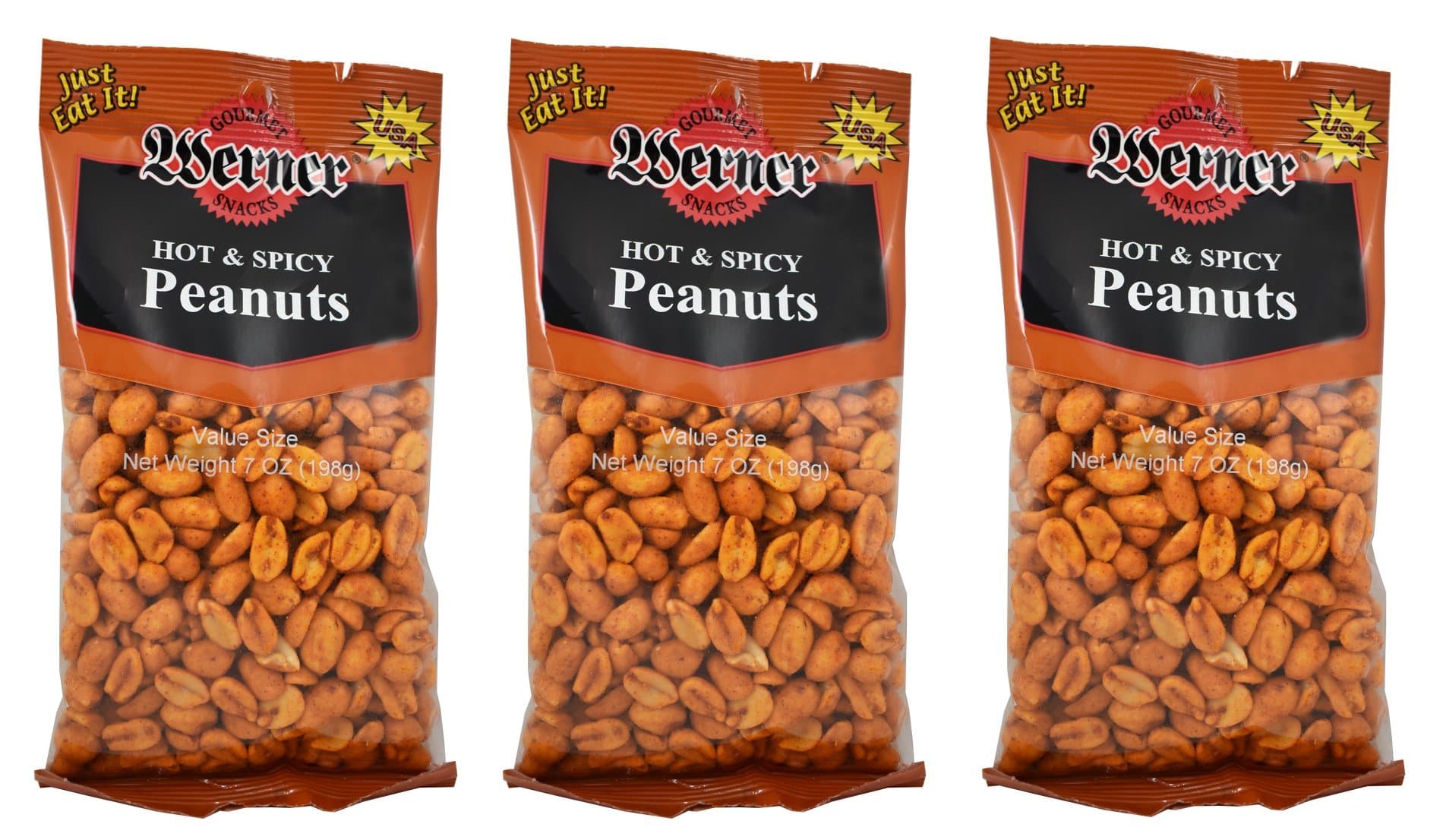 Werner Hot and Spicy Peanuts - 7 Oz. Bag (Pack of 3) - Peanuts with a Kick!