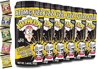WARHEADS Atomic Fizz - Extreme Sour Fizzing Hard Candy - Sour Apple, Black Cherry, Blue Raspberry, Lemon & Watermelon Flavors - 1.48 oz Canisters - 6 Pack