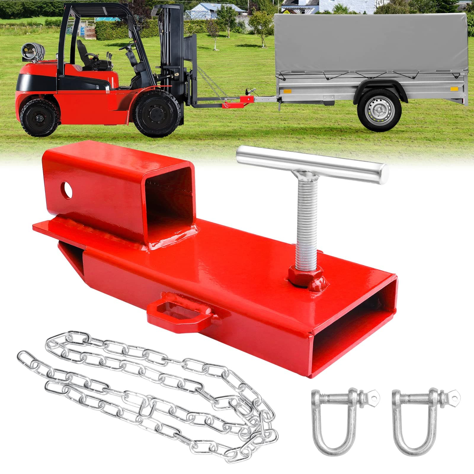 Forklift Trailer Hitch Attachment, EBESTTECH 1 PC 2" Receiver Trailer Towing Adapter with Chain Red