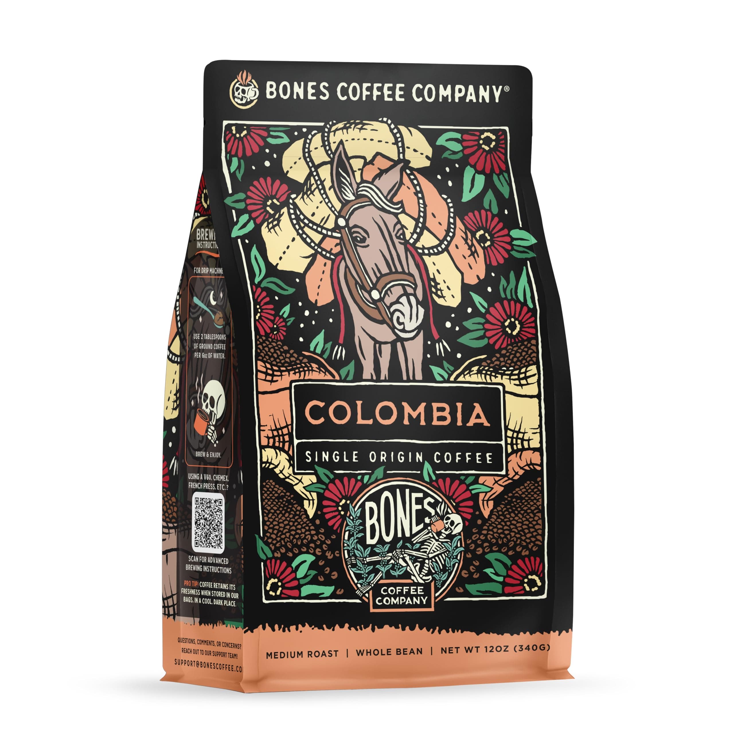 Bones Coffee Company Colombia Single-Origin Coffee, Almonds, Dried Fruit, Vanilla Notes, Flavored Whole Bean Coffee, Medium Roast Low Acid Arabica Beans, 12 oz Whole Bean