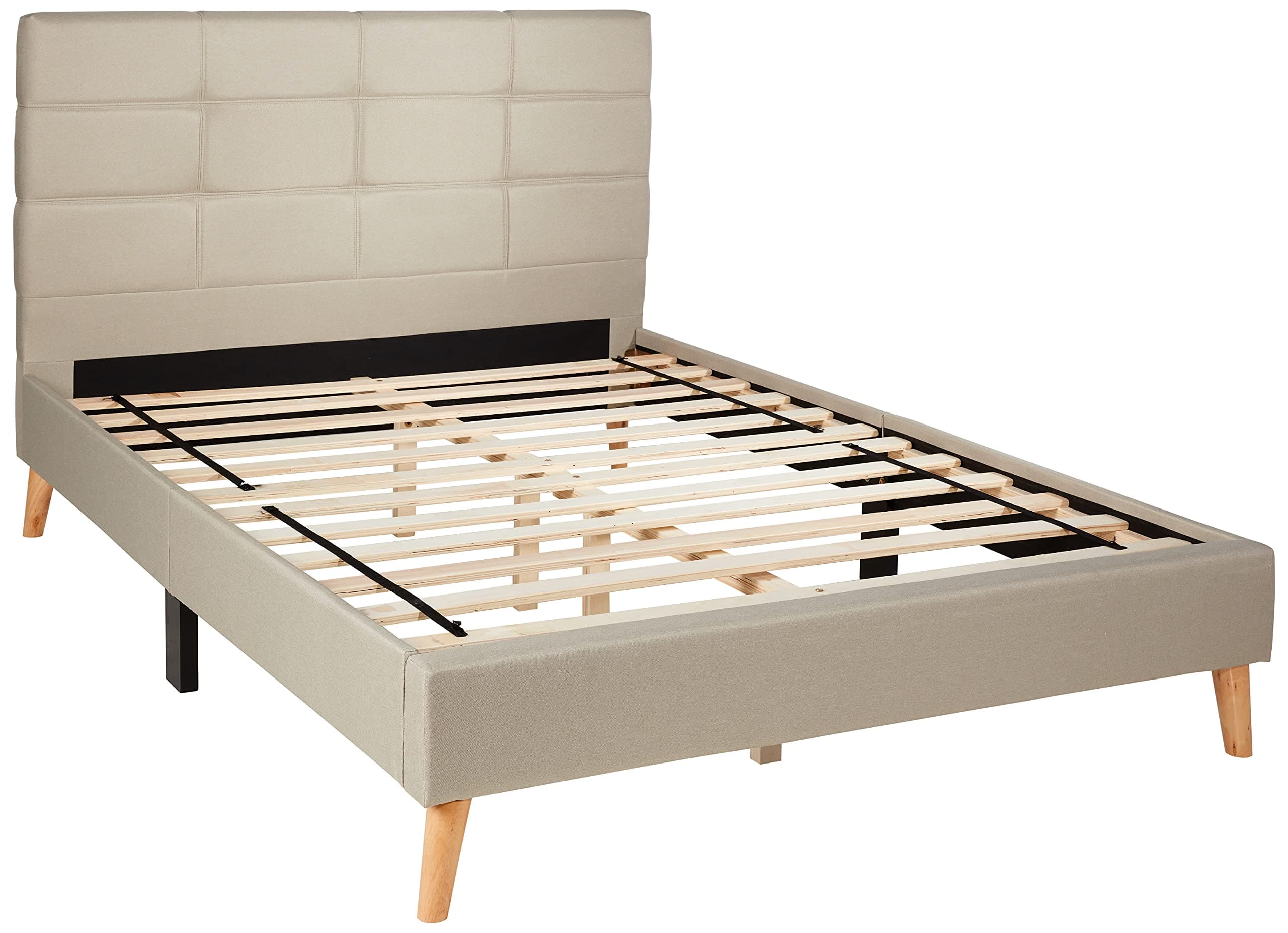 Mid-Century Linen Platform Bed Frame with Pleated Headboard Design (Full, Beige)