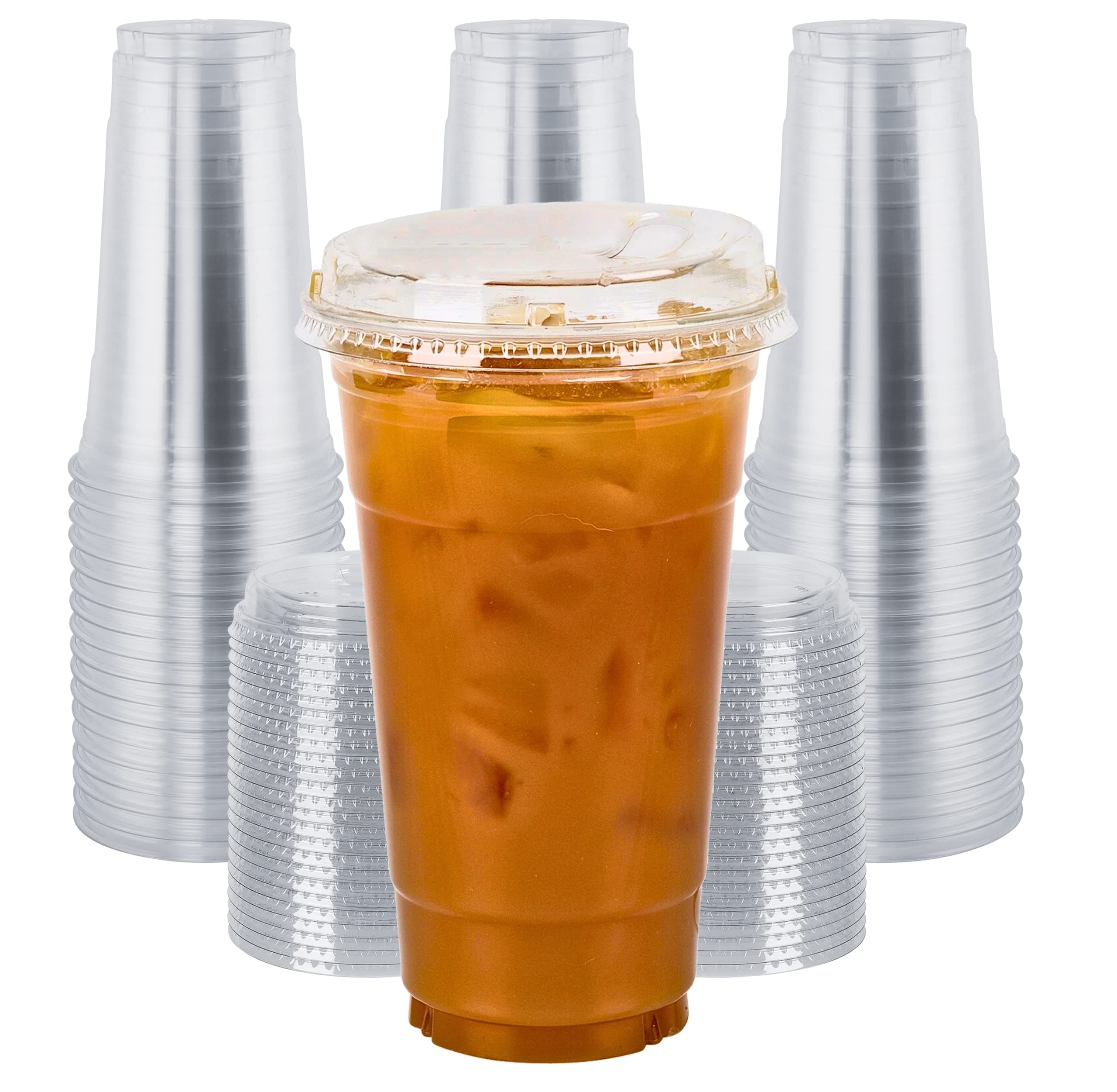 Green Direct 24 oz. Disposable Plastic Clear Cups with Strawless Sip Lids for Iced Coffee 100