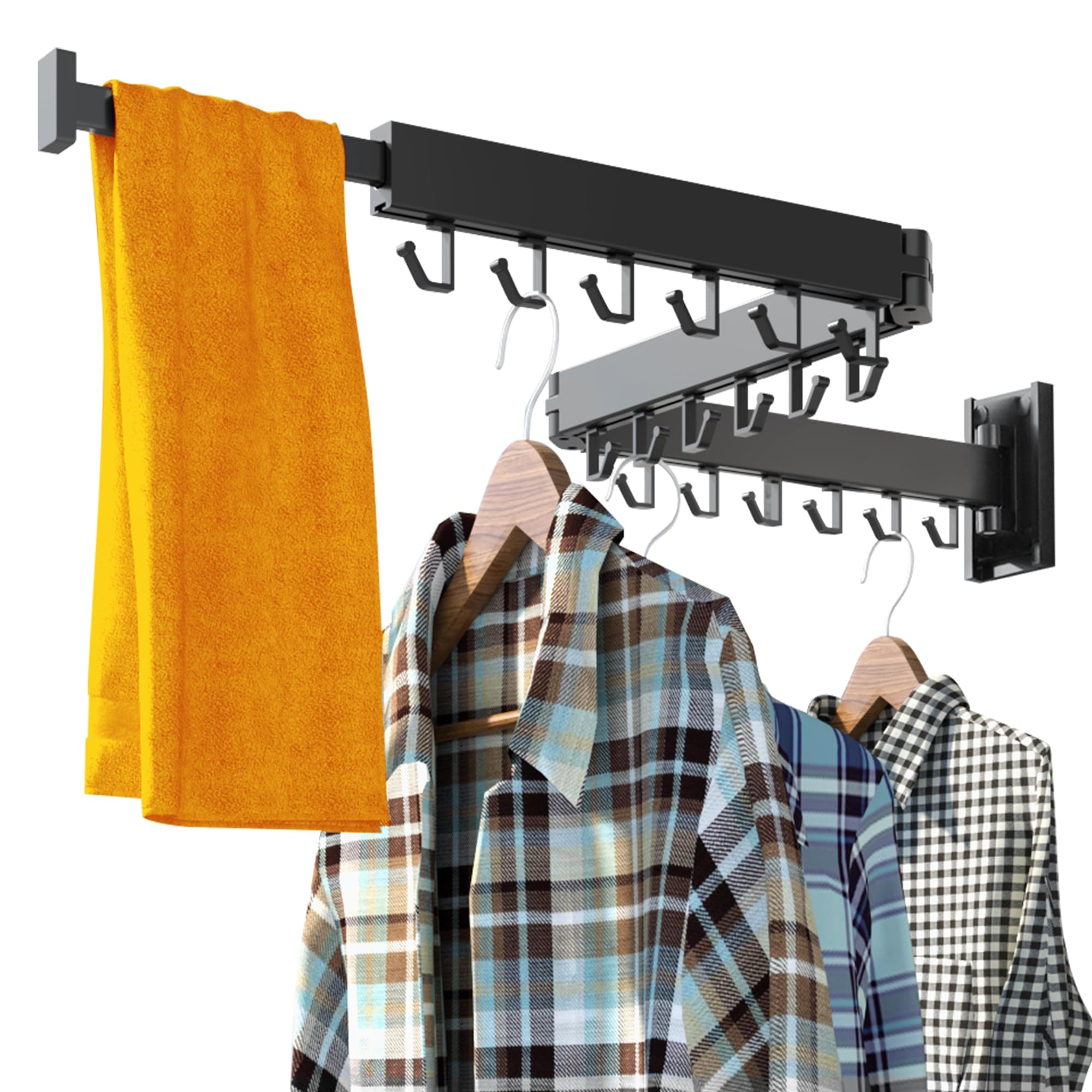 Clothes Drying Rack for Laundry,Wall Mounted Clothes Hanger Rack,Folding,Retractable,Collapsible(J Shape Hooks)