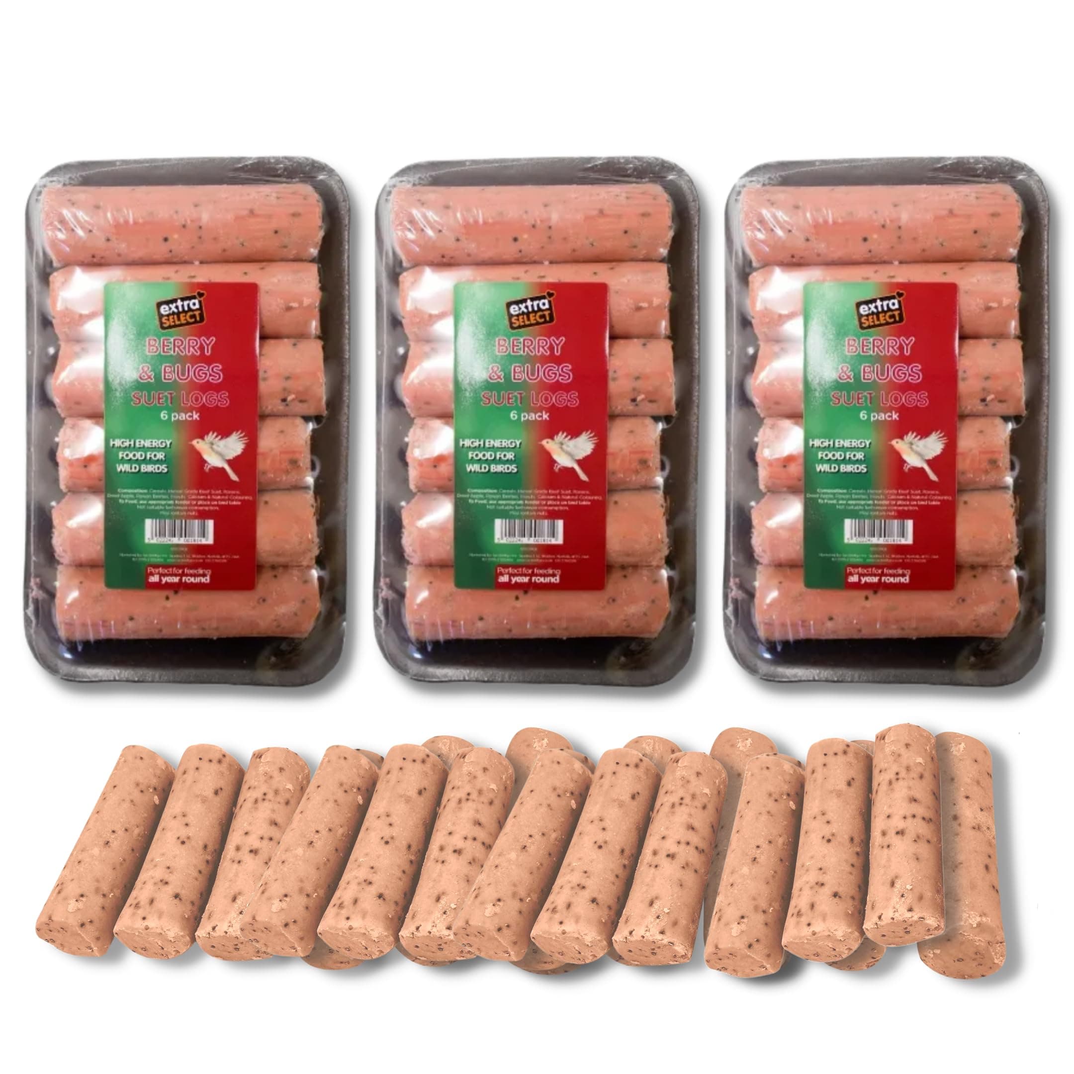Extra Select Suet Logs for Wild Birds - Berry & Bugs Flavour - Pack of 3 (Total of 18 Suet Logs, 1.6kg) bundled by Great British Pets