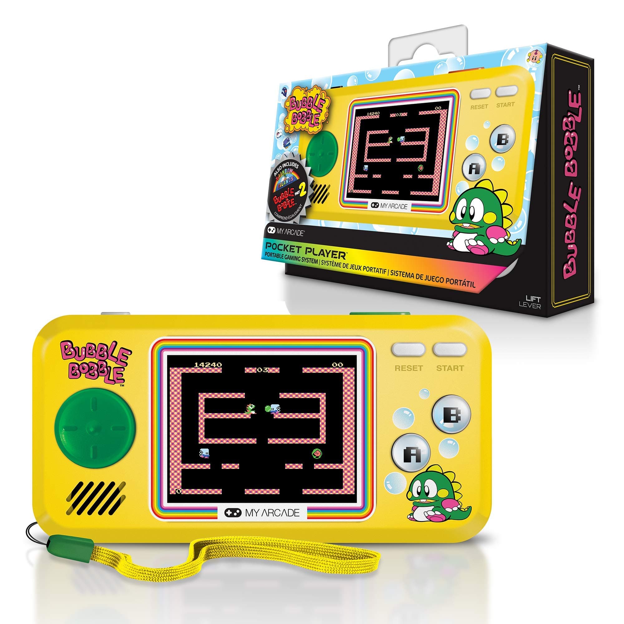 My Arcade Pocket Player Handheld Game Console: 3 Built in Games, Bubble Bobble 1 & 2, Rainbow Islands, Collectible, Full Color Display, Speaker, Volume Controls, Headphone Jack, Battery or Micro USB
