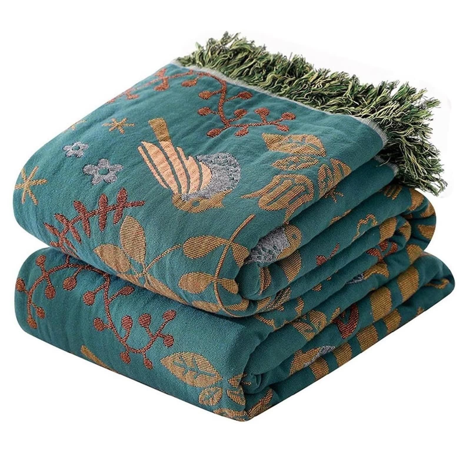 MSGKV Boho Throw Blanket 100% Cotton Blankets for Bed Couch 60''x80'', Spring Breathable Farmhouse Bird Blankets Quilt Muslin Home Decor